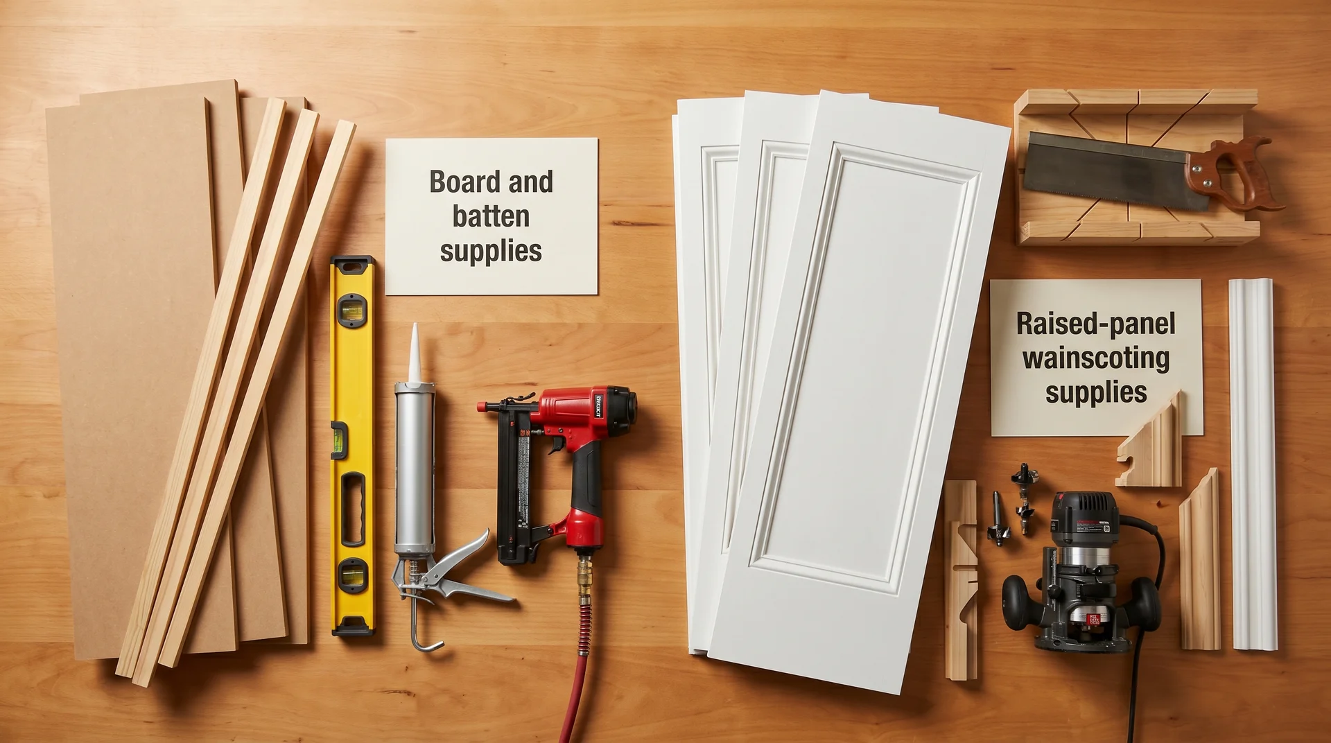Board and batten DIY materials beside traditional wainscoting components showing relative tool and supply complexity