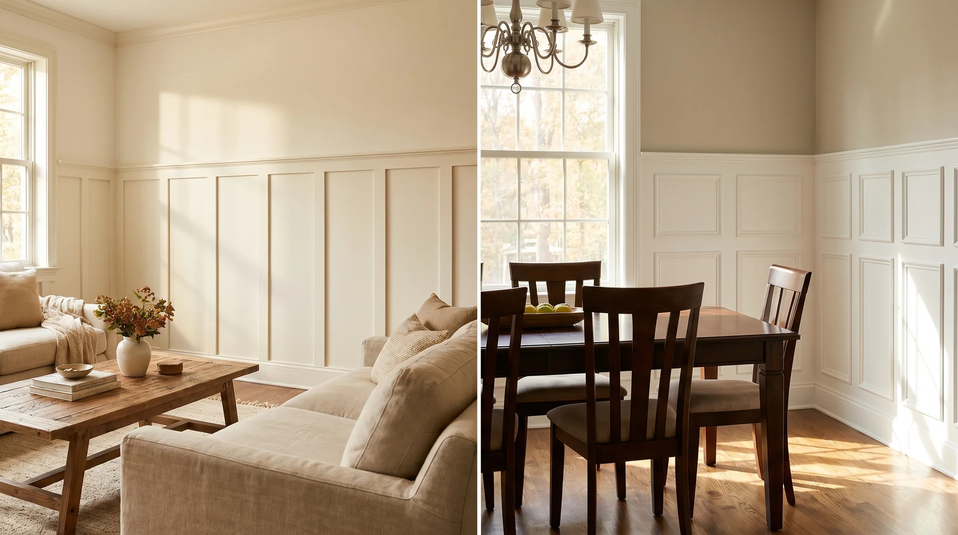 Board and batten in a casual living room beside raised-panel wainscoting in a formal dining room showing spacing and formality contrast
