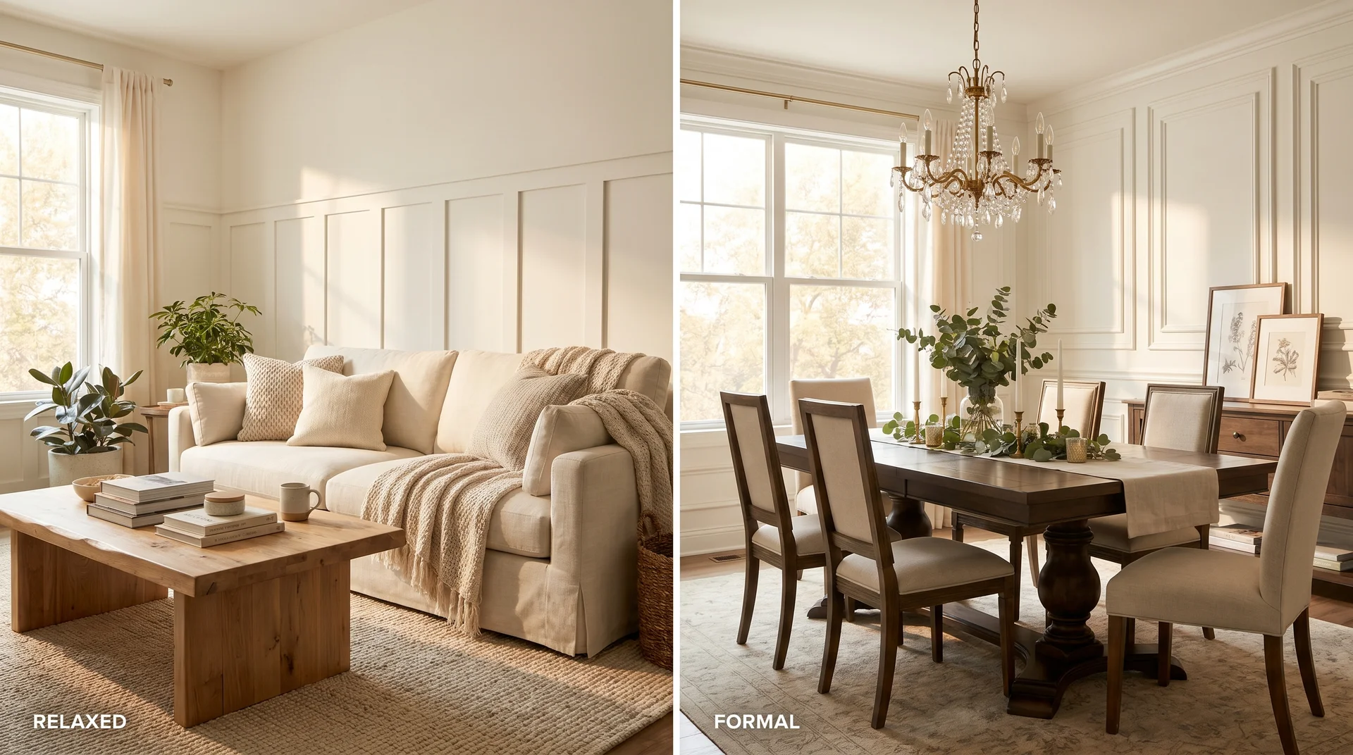 Board and batten in a casual living room beside traditional wainscoting in a formal dining room showing style contrast
