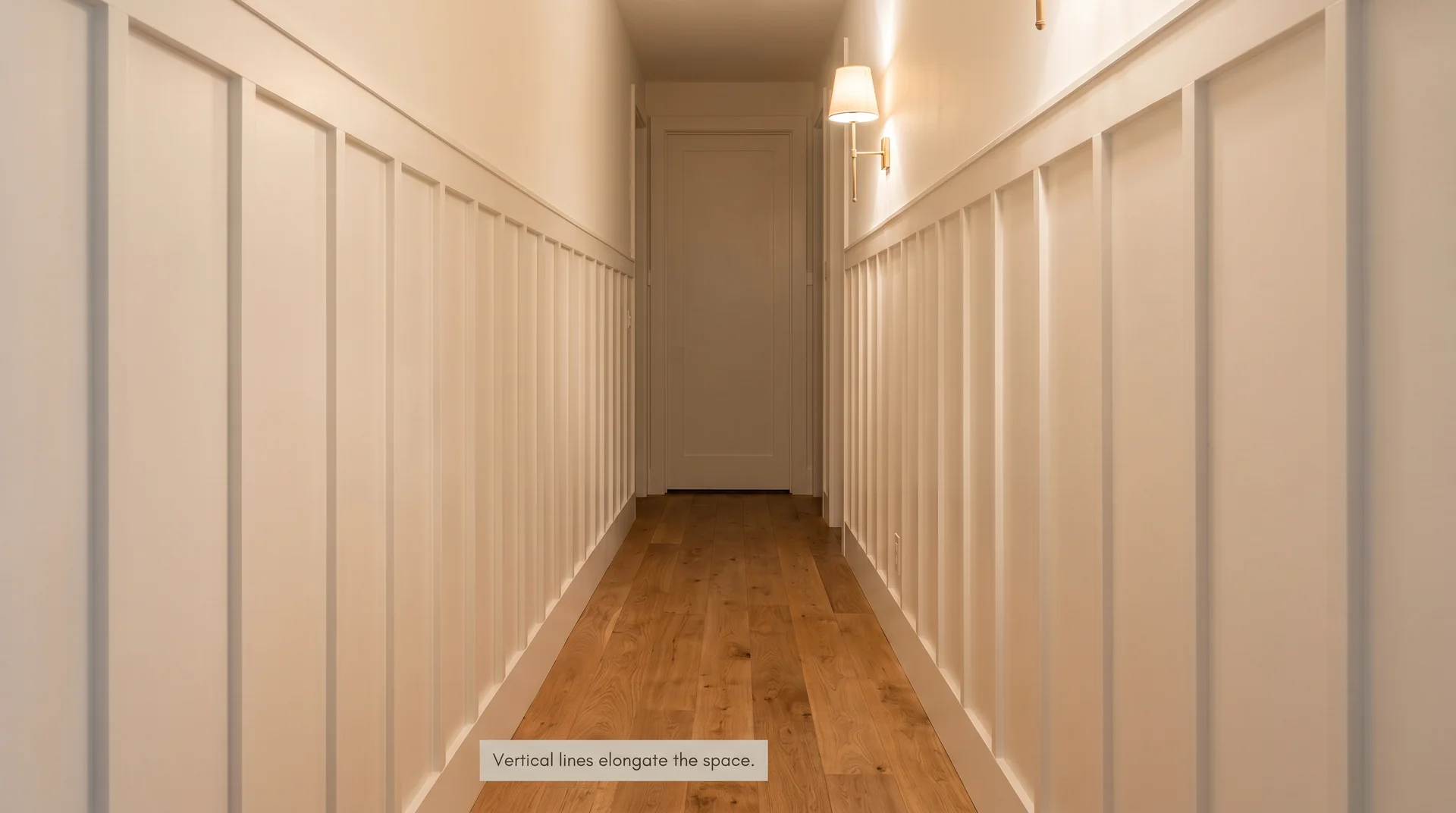 Board and batten in a narrow hallway showing how vertical batten lines visually elongate a confined corridor
