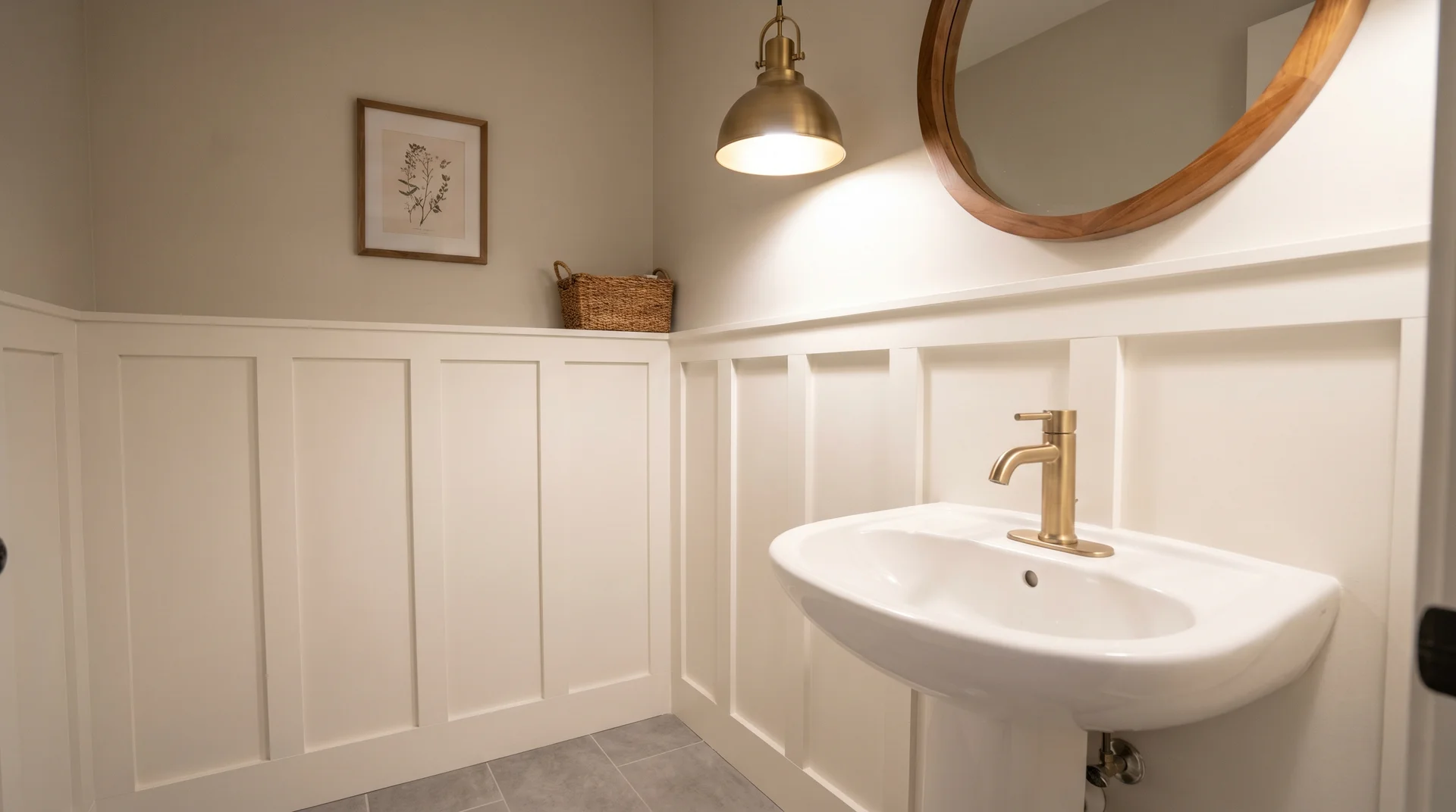 Board and batten in a white powder room with warm brass fixtures showing cap rail height and satin finish
