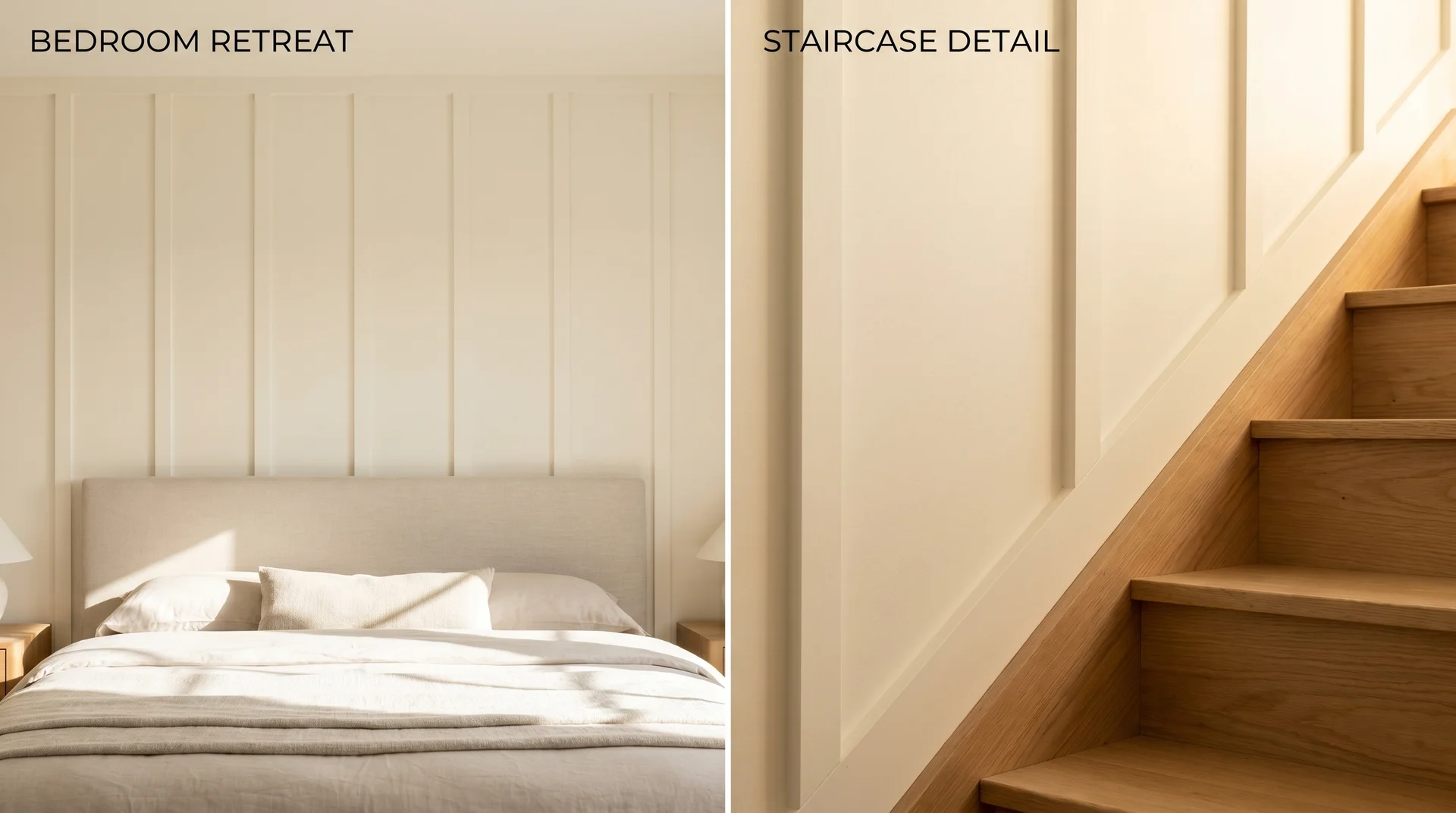 Board and batten on a bedroom accent wall beside a close-up of the angled staircase rake cut showing increased installation complexity