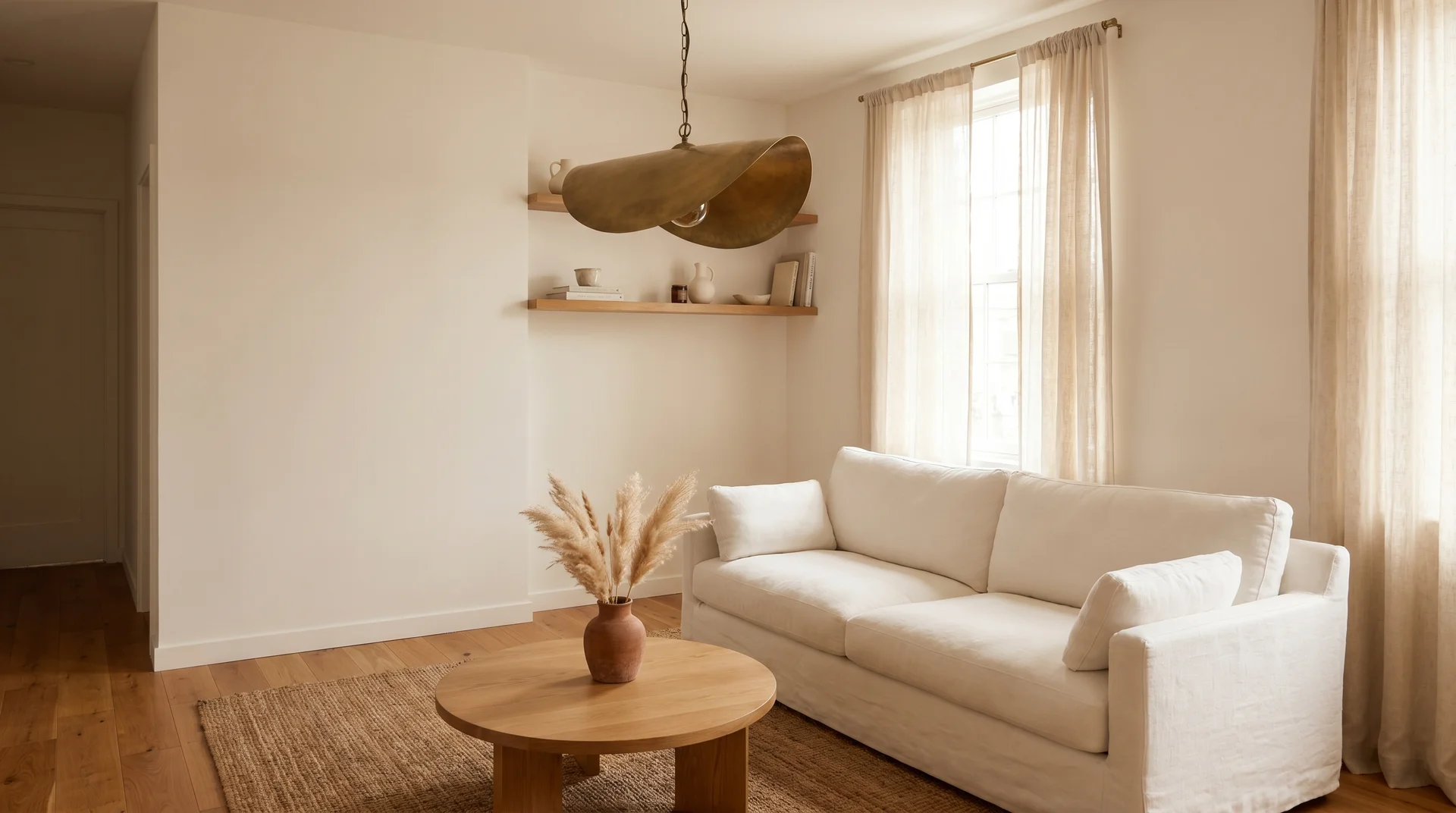 Bright living room with Chantilly Lace walls, warm oak floors, linen sofa, and aged brass accent lighting showing warm-toned palette