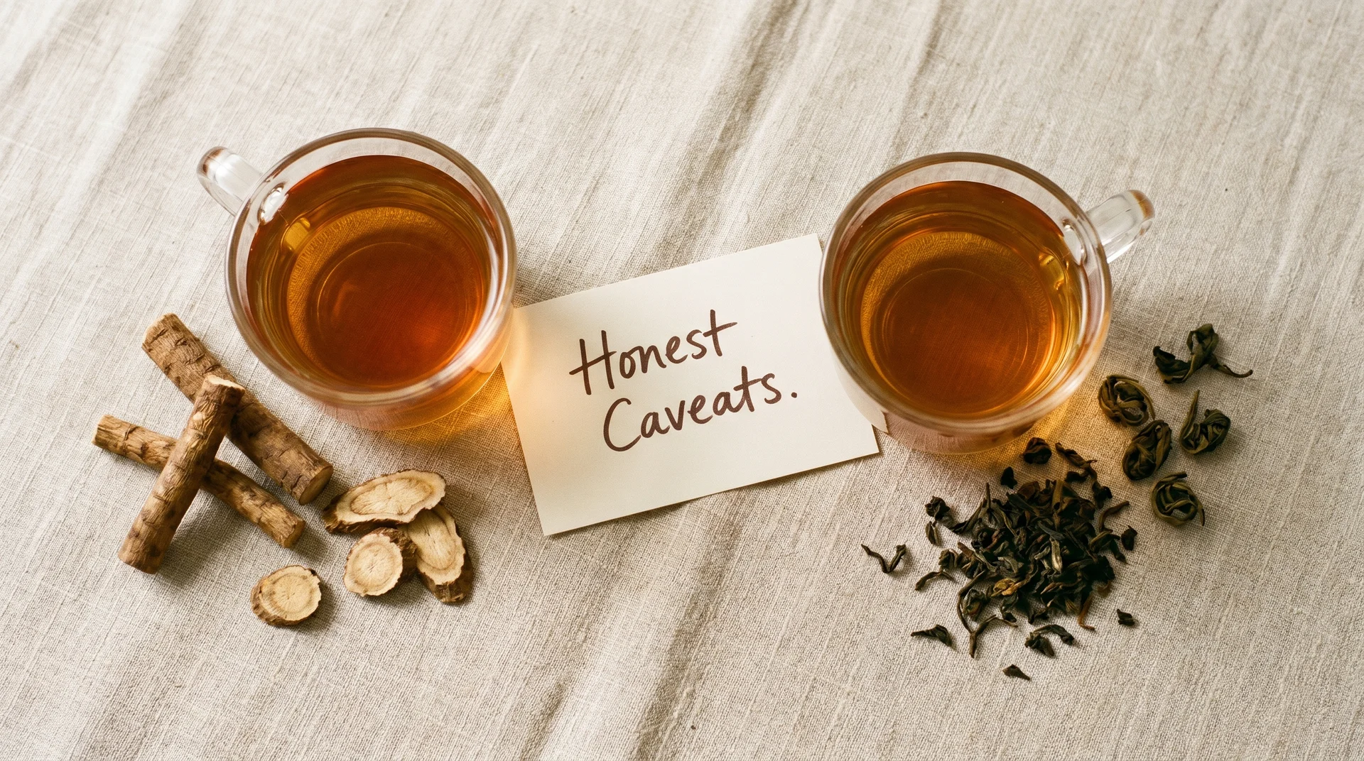 Burdock root tea and oolong tea side by side with dried herbs, representing two commonly mentioned detox teas with limited clinical evidence