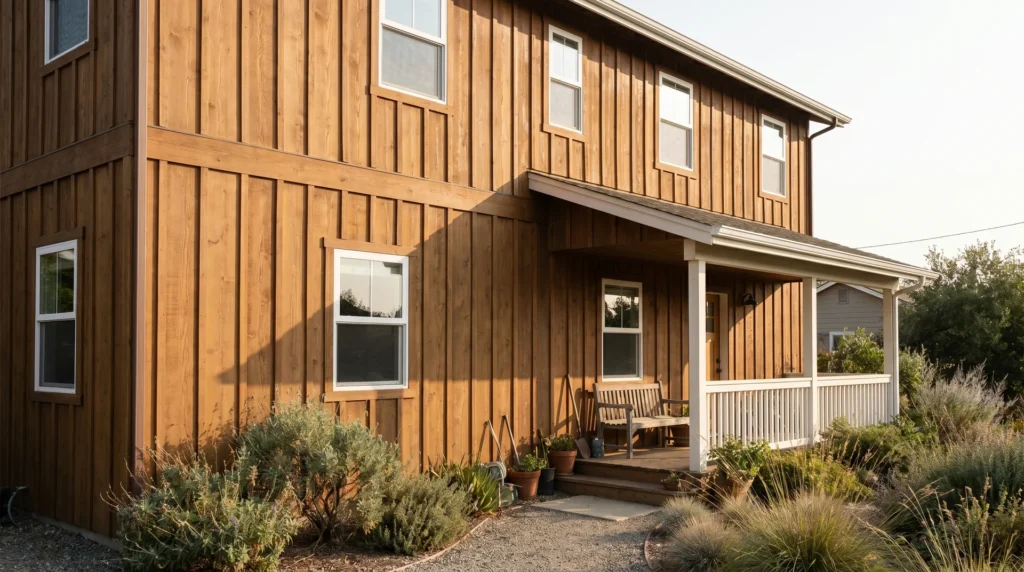 Cedar board and batten siding on a residential home with warm brown stain and white trim in afternoon light