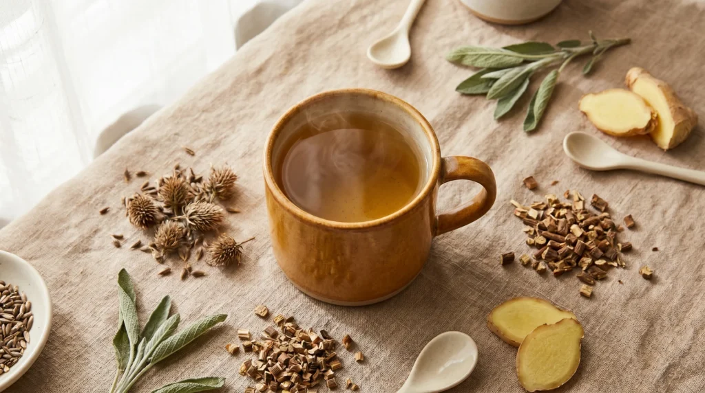 Ceramic mug of herbal detox tea surrounded by milk thistle, dandelion root, and fresh ginger on linen