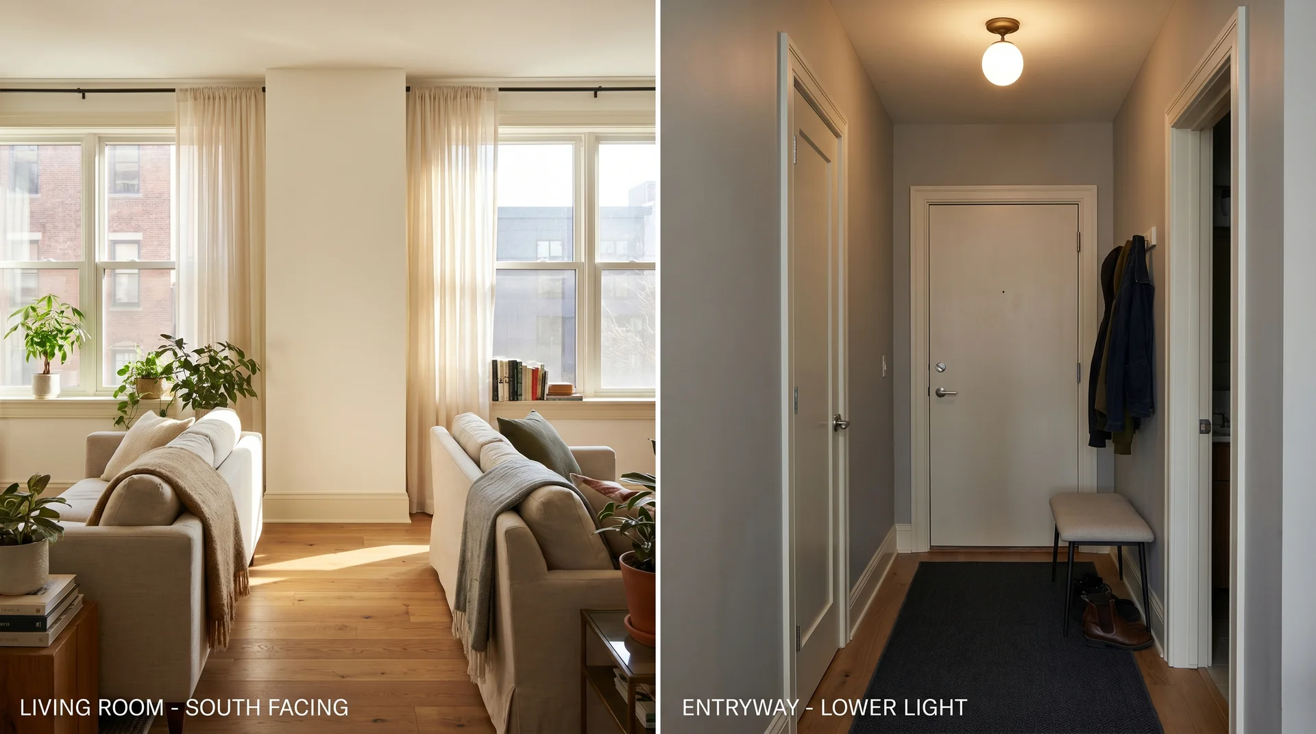 City Loft SW 7631 compared in a bright south-facing living room versus a low-light entryway showing LRV and light behavior difference