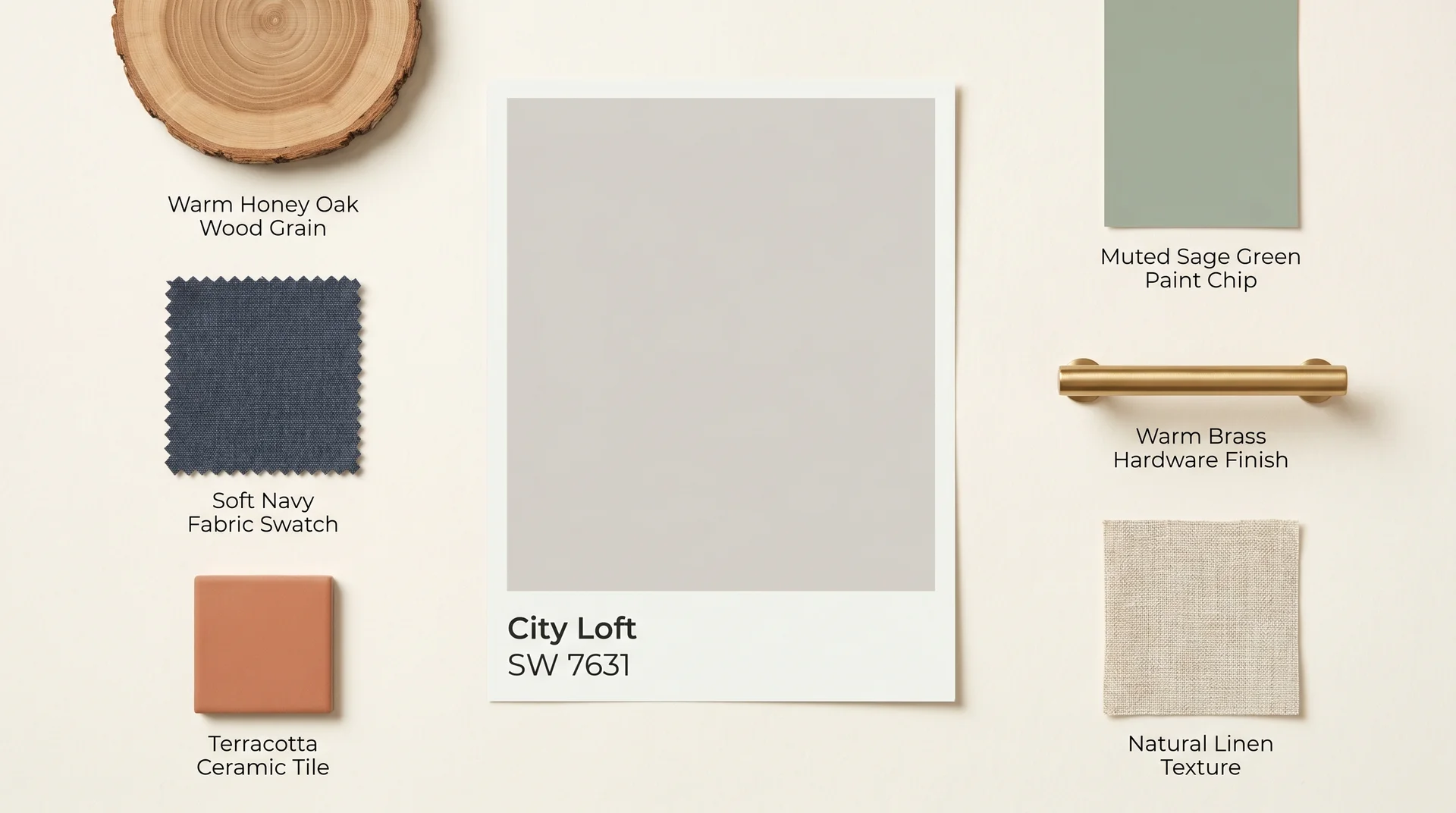 City Loft SW 7631 coordinating color palette with warm navy, terracotta, sage green, oak, brass, and Alabaster pairings