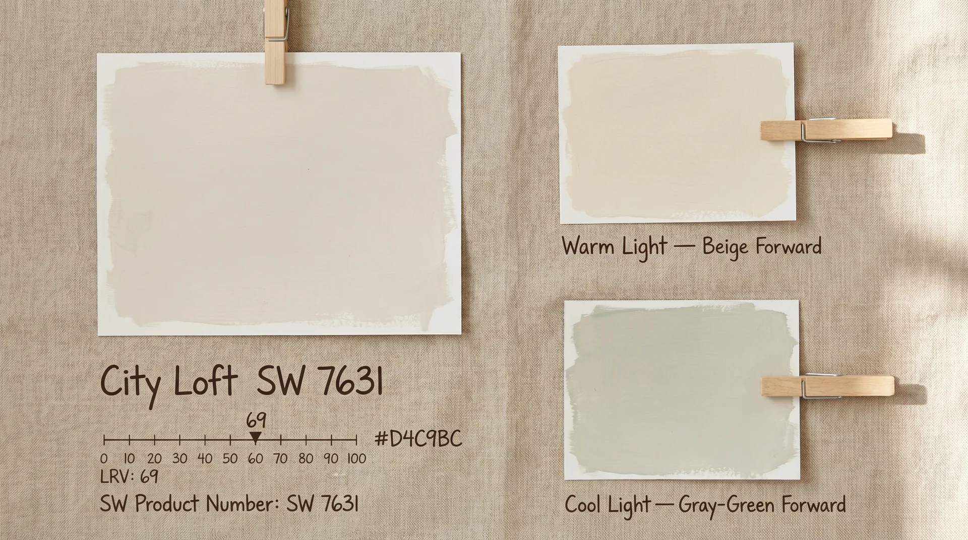 City Loft SW 7631 paint swatch with LRV 69 annotated, showing warm beige and cool gray-green undertone shifts.
