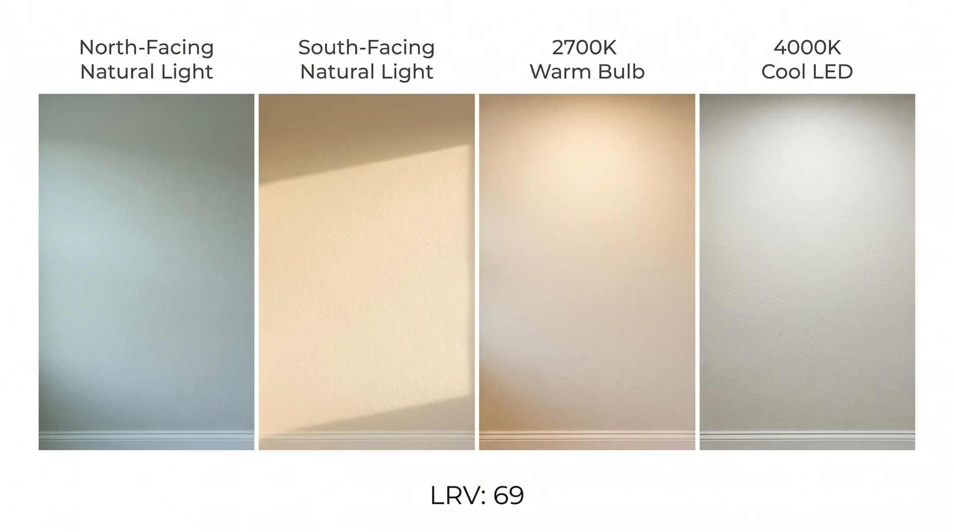 City Loft SW 7631 shown under four light conditions from warm south-facing sun to cool 4000K LED, showing undertone shift.
