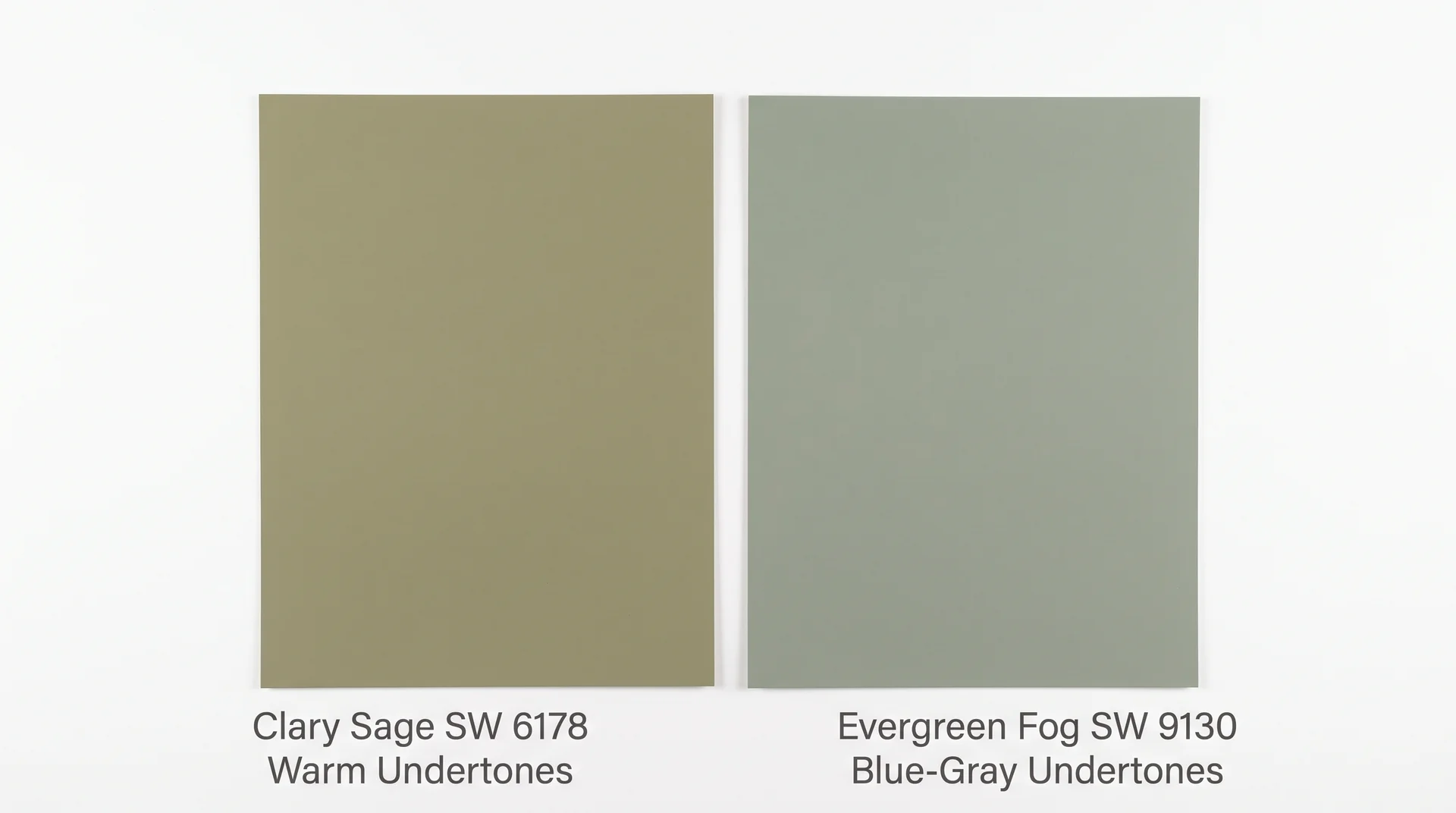 Clary Sage SW 6178 versus Evergreen Fog SW 9130 paint swatches showing warm versus cool-gray undertone difference
