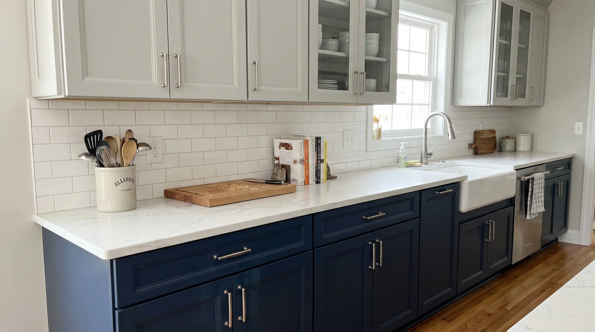 Classic two tone kitchen with Naval navy lower cabinets and Repose Gray upper cabinets, white quartz countertop, brushed nickel hardware 