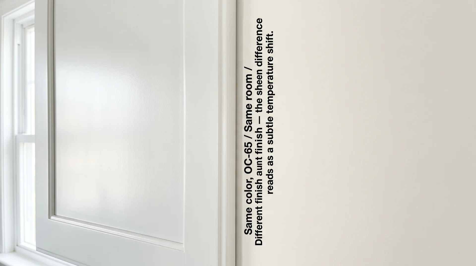 Close-up comparison showing Chantilly Lace OC-65 in semi-gloss on cabinet door versus eggshell on adjacent wall in the same room