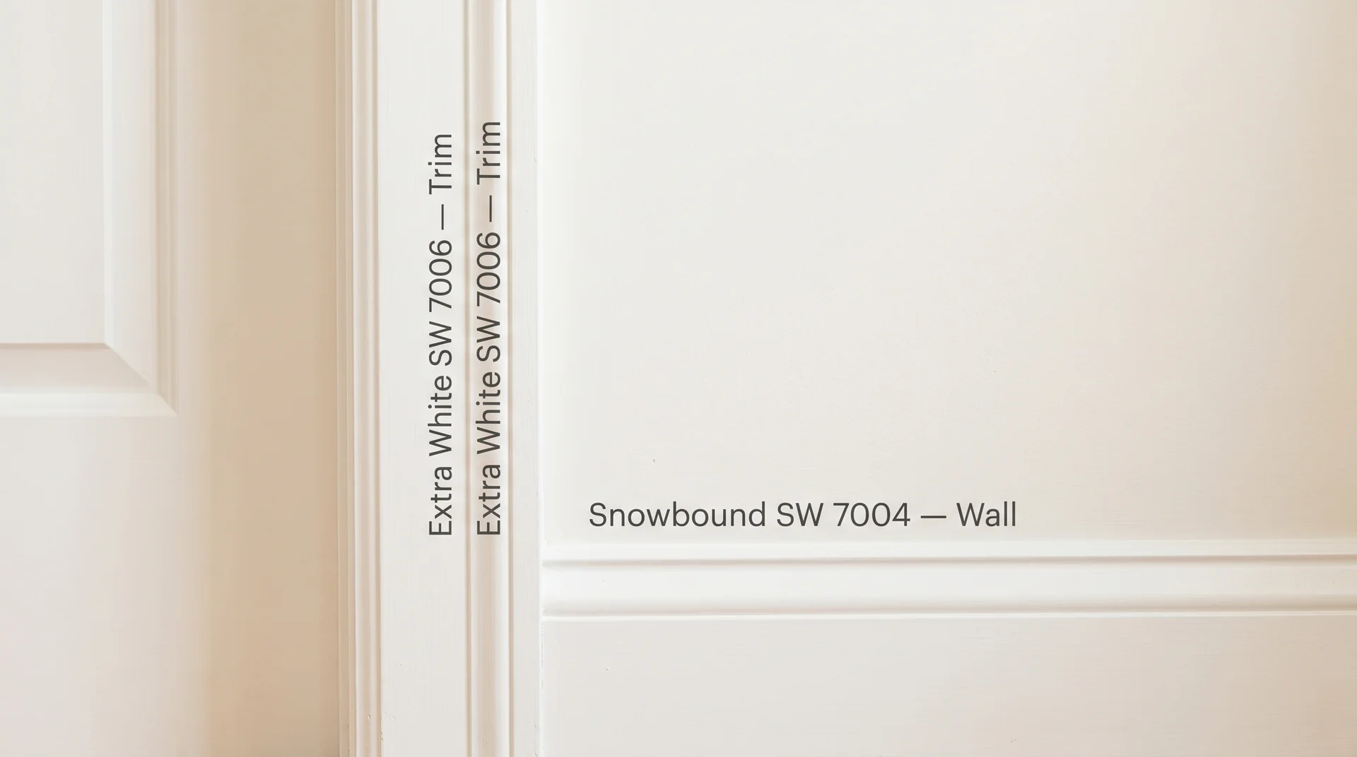 Close-up of Snowbound SW 7004 wall next to Extra White SW 7006 trim, showing the subtle contrast between the two whites.