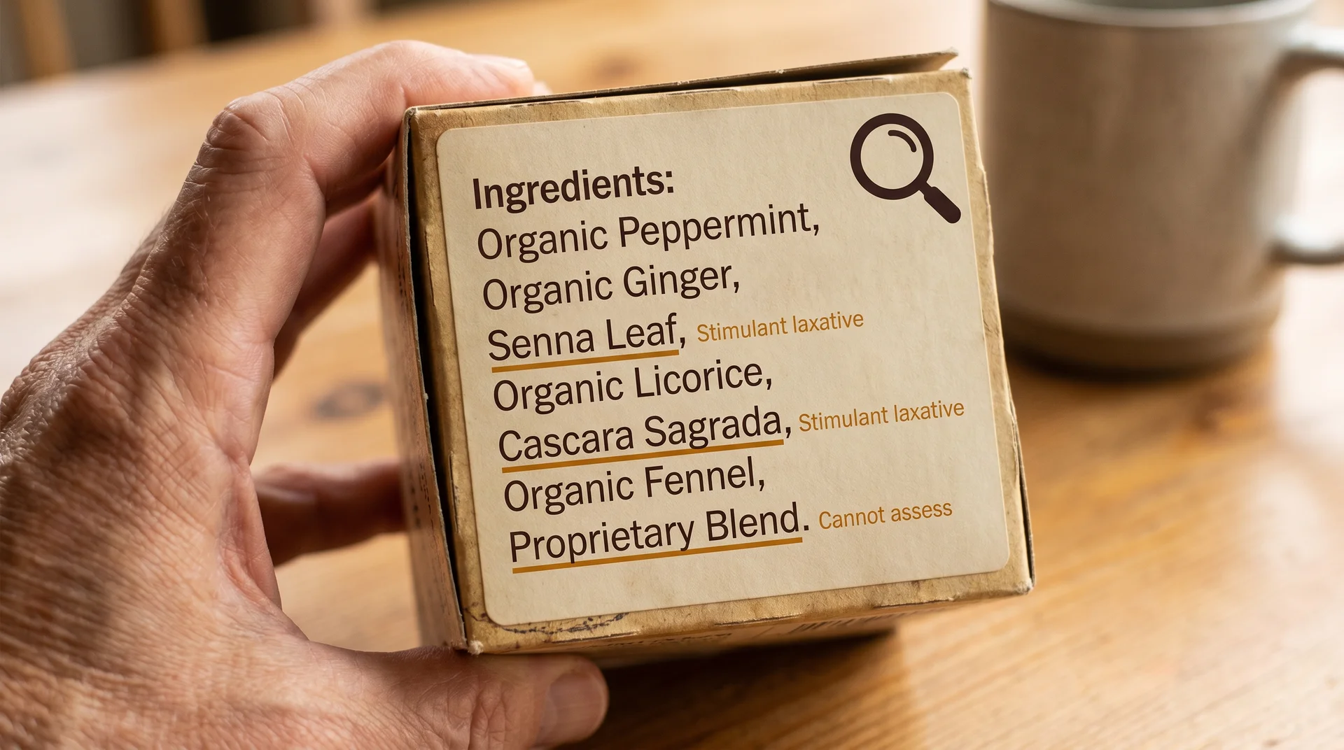 Close-up of a herbal tea ingredient label with senna leaf, cascara sagrada, and proprietary blend highlighted as ingredients to evaluate carefully.