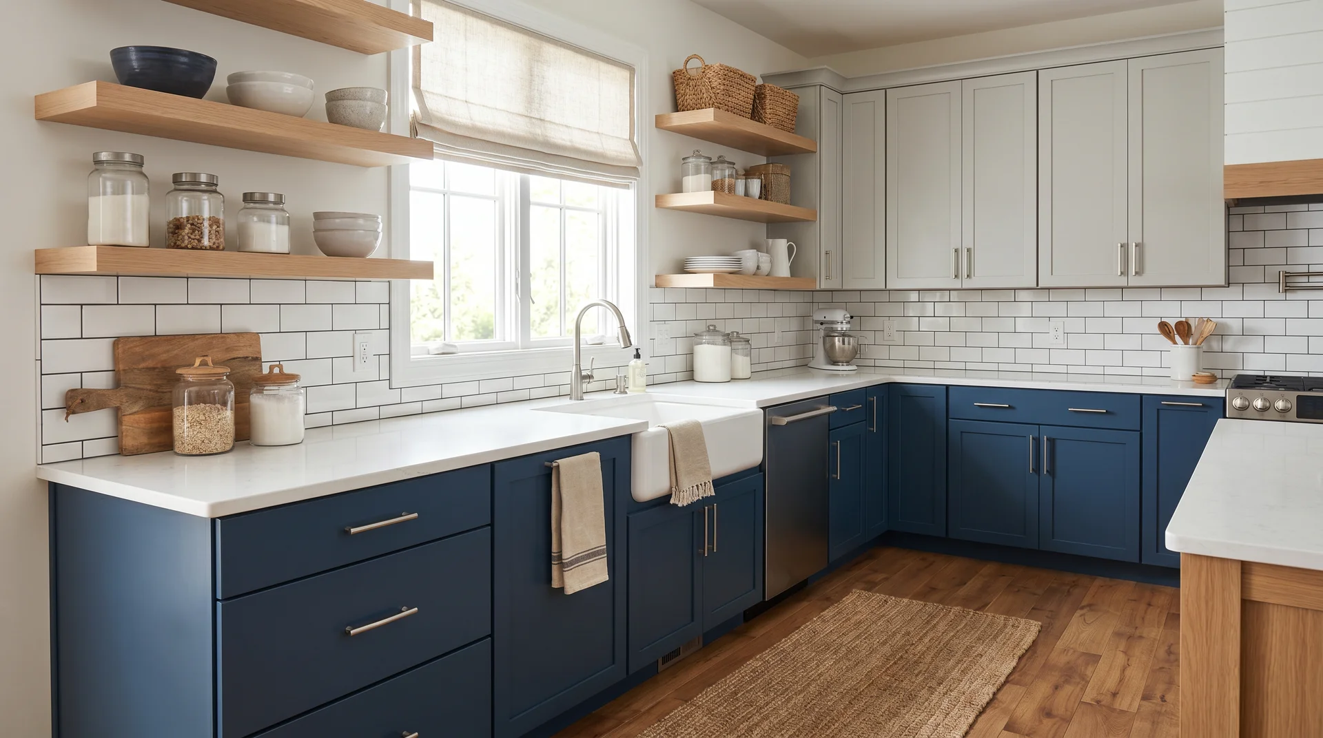 Coastal farmhouse two tone kitchen with Salty Dog navy base cabinets, gray uppers, open oak shelving, and white subway tile 
