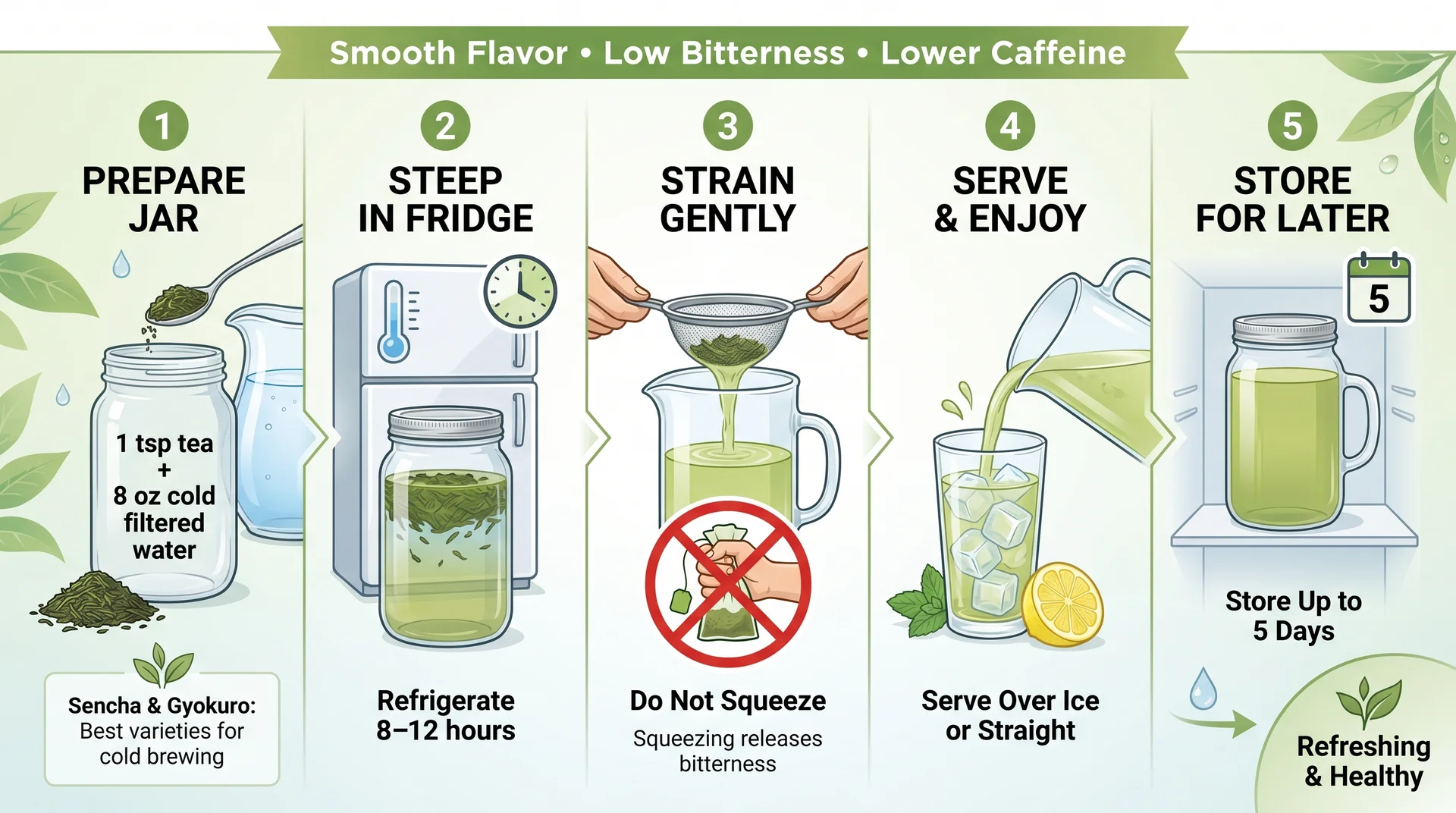 Cold brew green tea infographic showing 8 to 12 hour refrigerator steeping for smooth, low-bitterness tea.