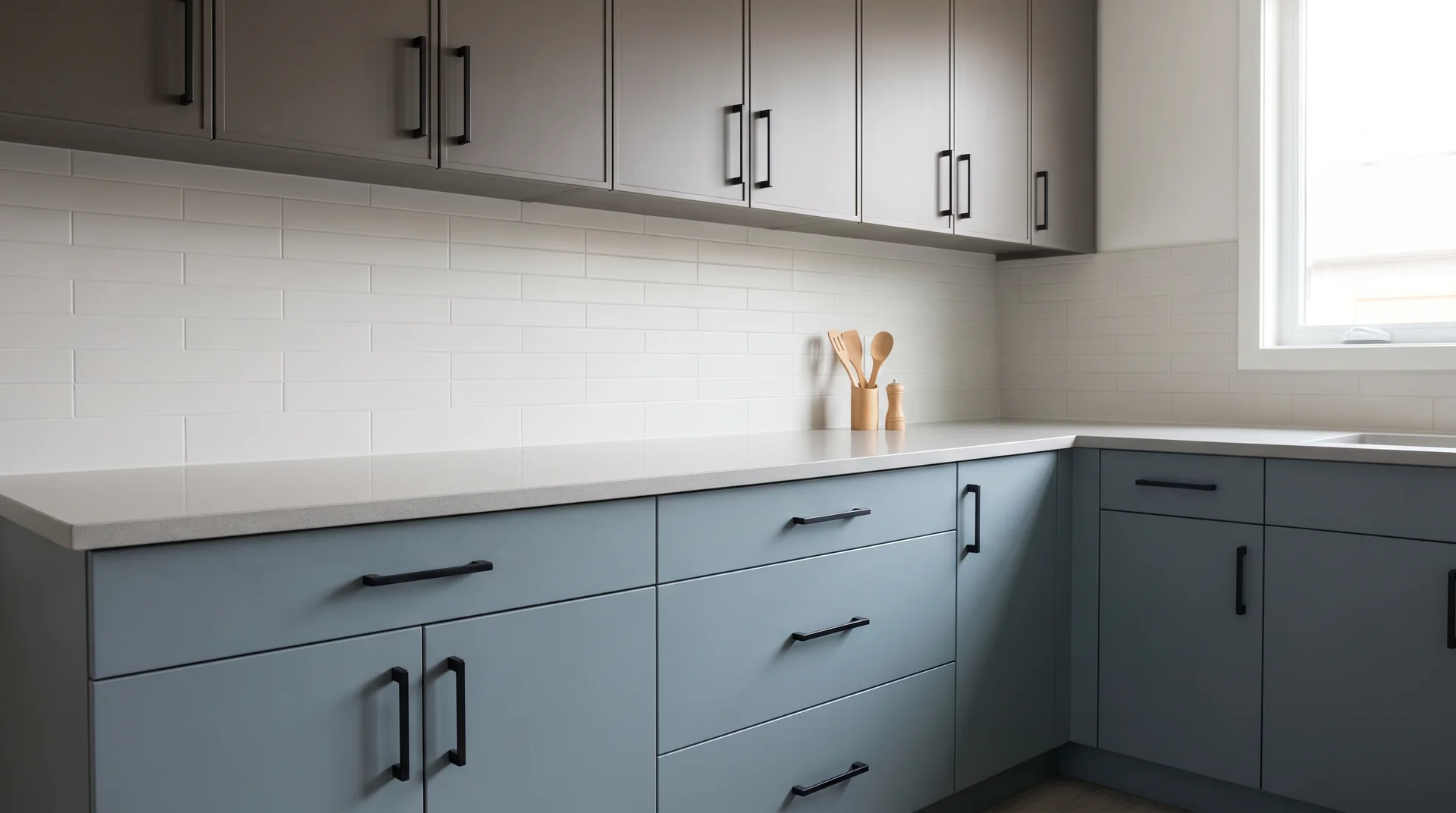 Contemporary two tone kitchen with Smoky Blue lower cabinets, Dovetail gray uppers, matte black hardware, and light gray quartz 