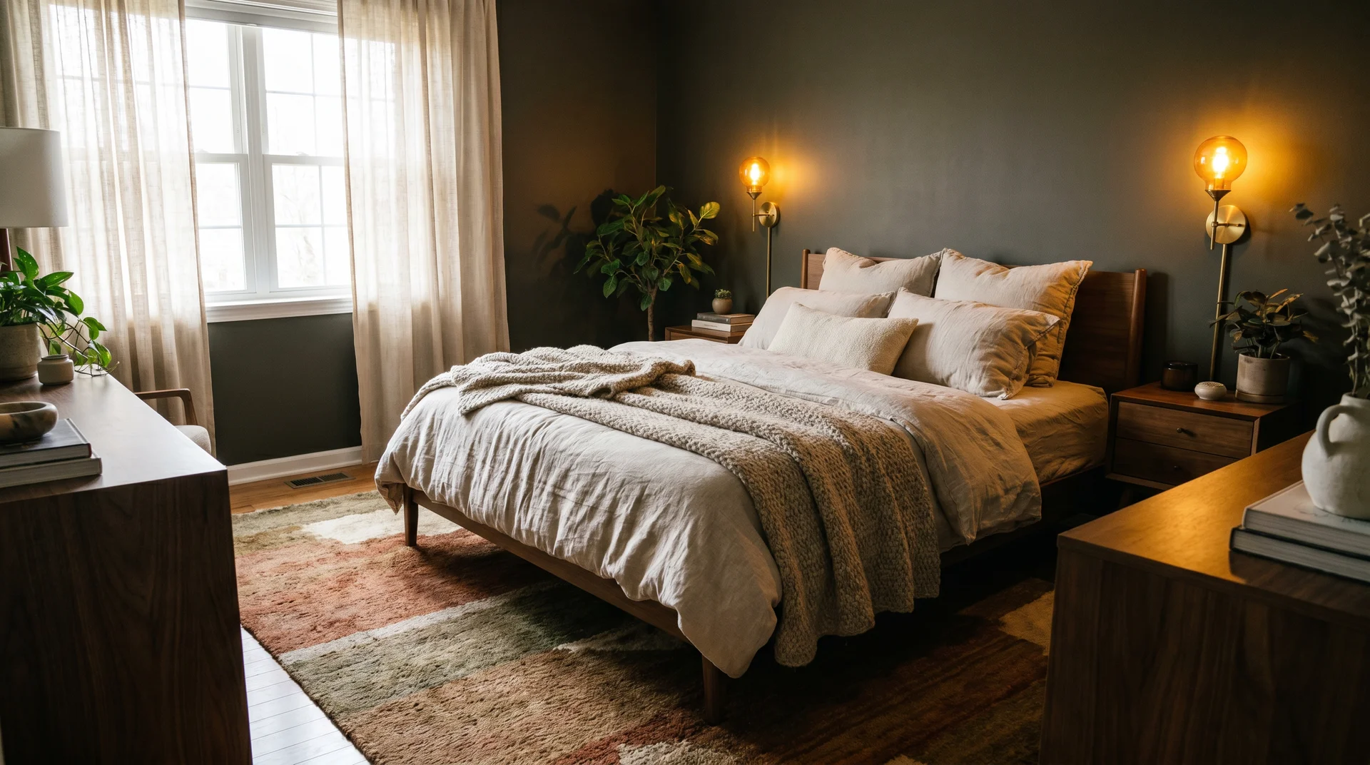 Cozy bedroom with walls painted Sherwin-Williams Urbane Bronze