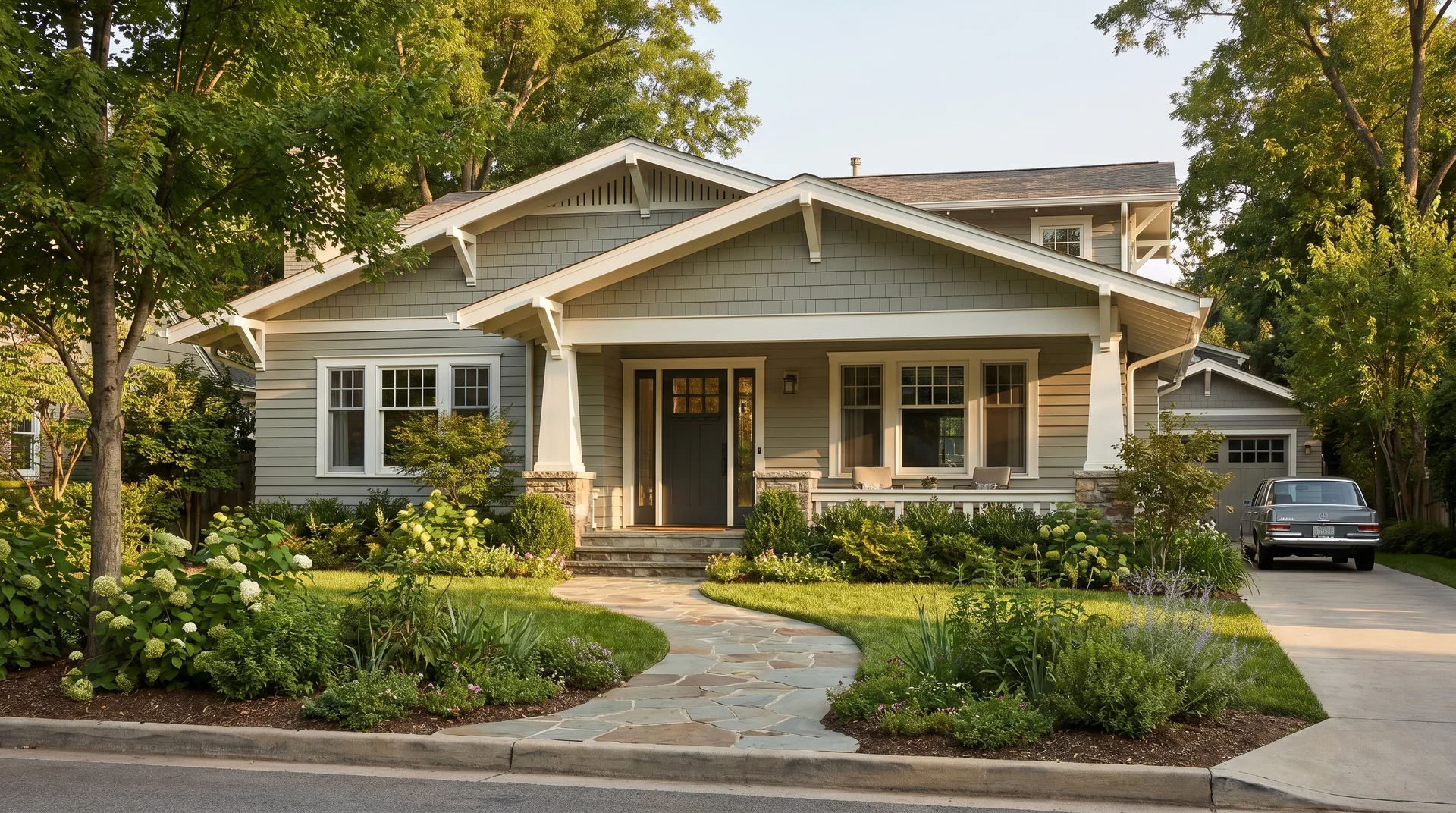 Craftsman home exterior with Evergreen Fog siding, Alabaster trim, and Iron Ore front door