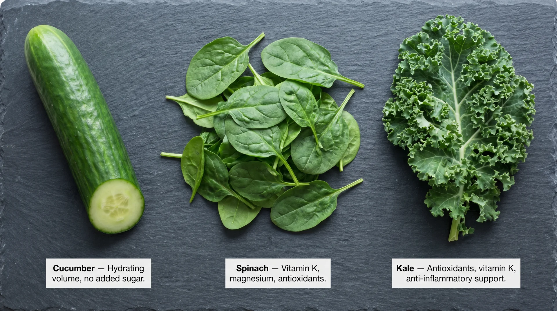 Cucumber, spinach and kale labeled flat-lay showing the anti-inflammatory juice base ingredients and their specific nutritional roles
