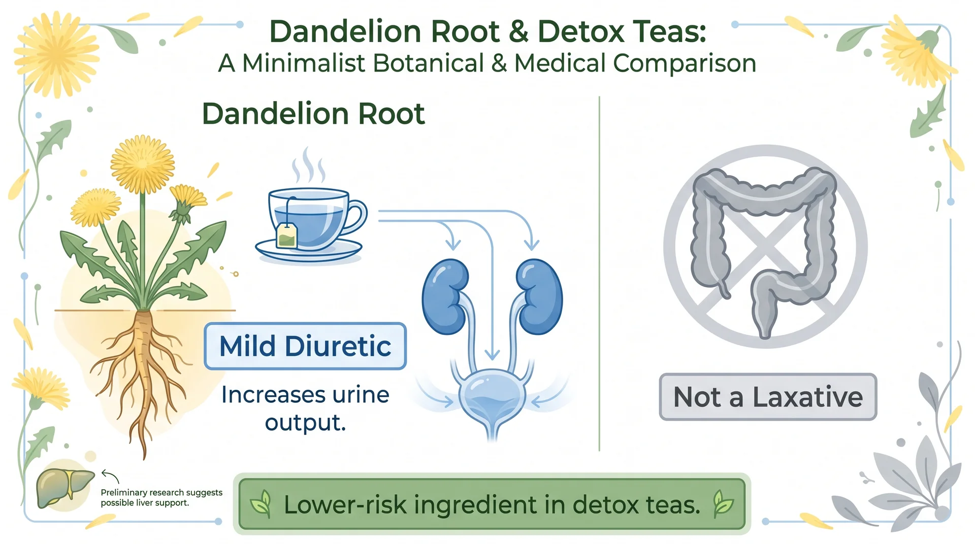 Dandelion root infographic showing diuretic action and lower-risk role in detox teas.