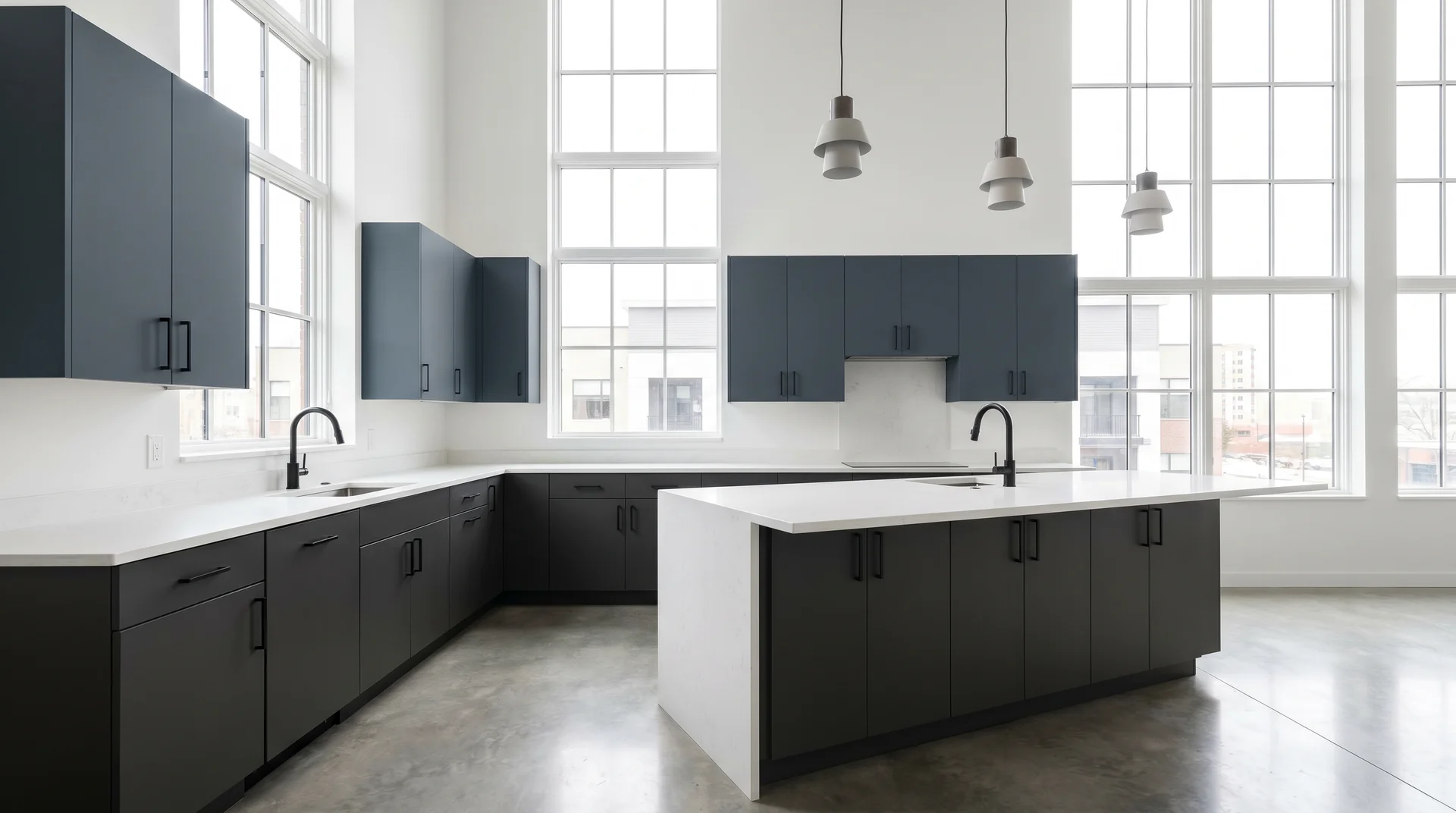 Dark two tone kitchen with Iron Ore charcoal lower cabinets and Smoky Blue deep gray-blue uppers, white quartz countertop for contrast 