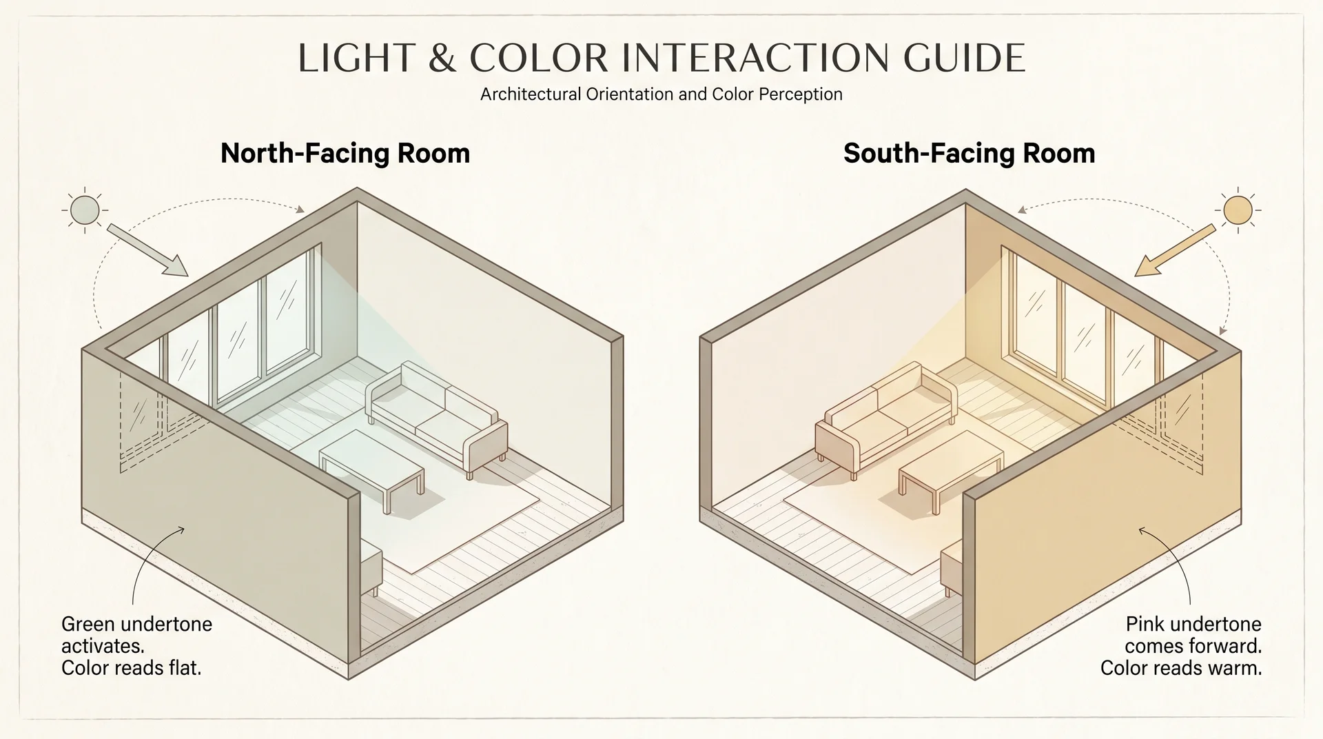 Diagram comparing Accessible Beige in north-facing room showing green undertone versus south-facing room showing warm pink undertone