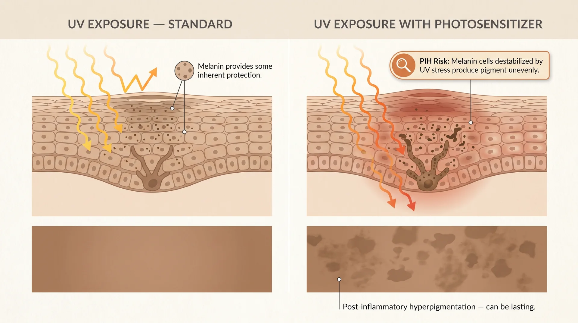 Diagram comparing UV damage risk and post-inflammatory hyperpigmentation development in deeper skin tones with photosensitizer
