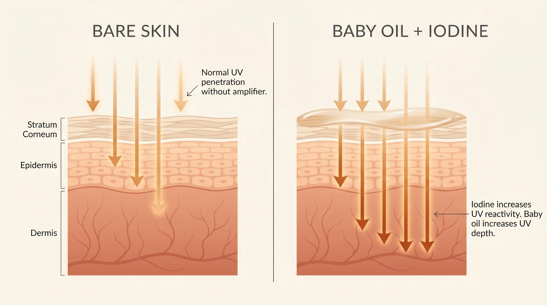 Diagram comparing UV penetration depth in bare skin versus skin coated with baby oil and iodine