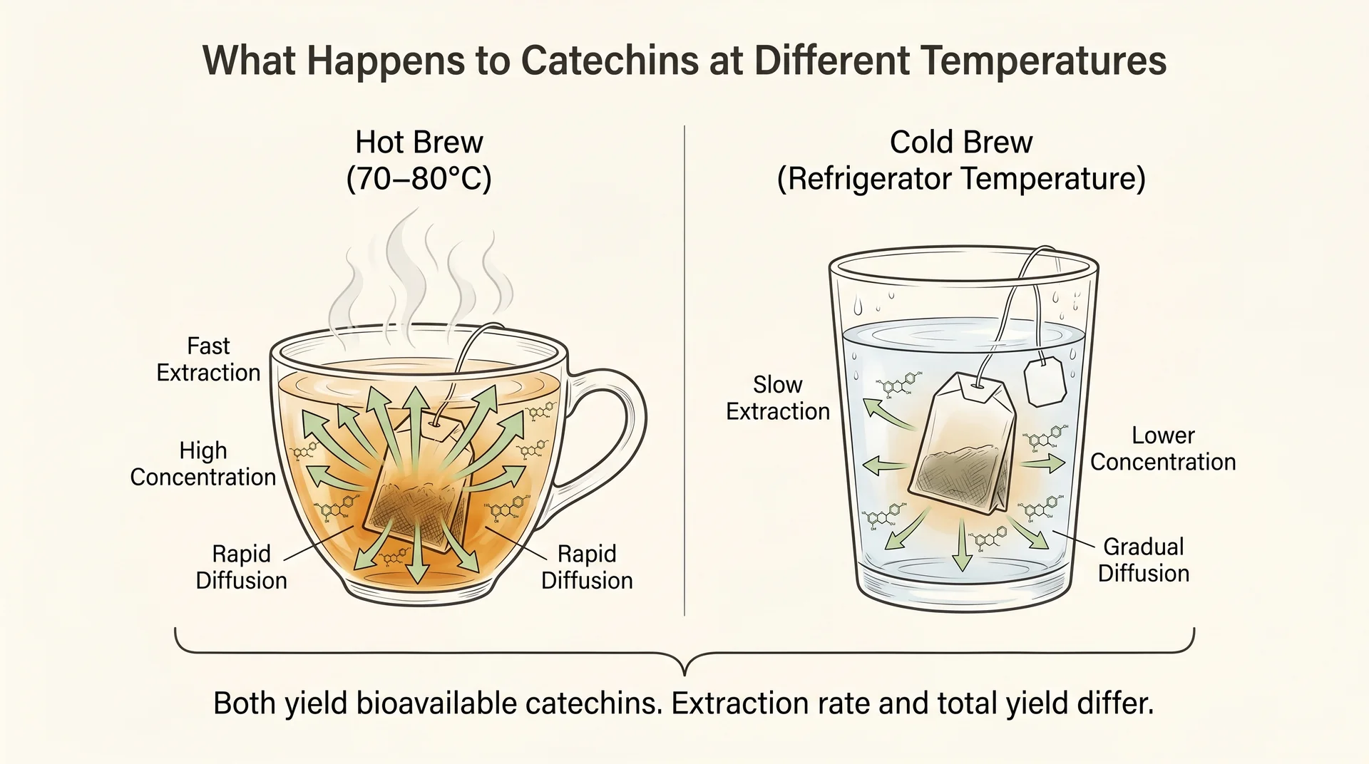 Diagram comparing catechin extraction speed in hot green tea versus cold-brewed green tea