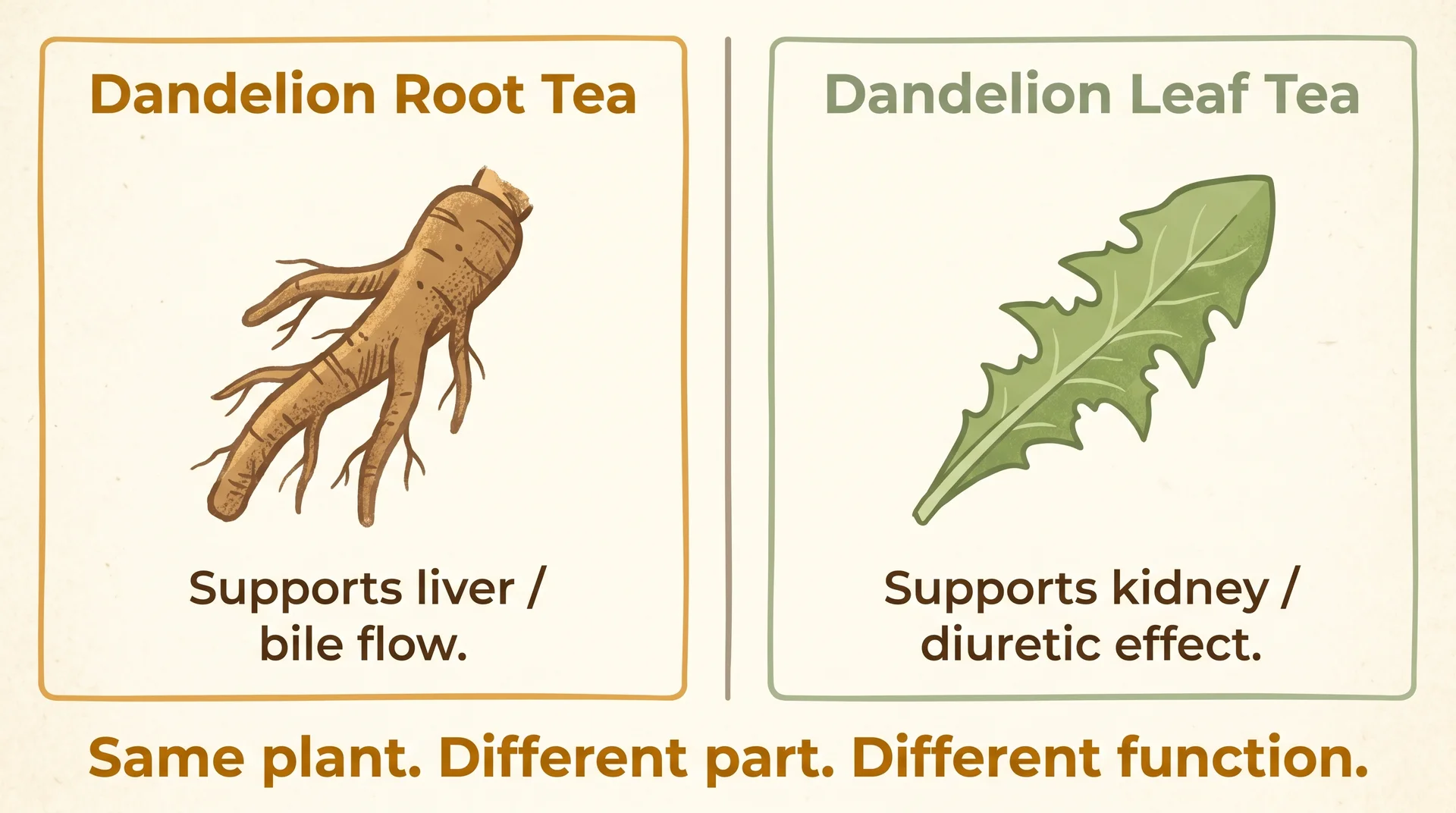 Diagram comparing dandelion root for liver and bile support versus dandelion leaf for kidney and diuretic function
