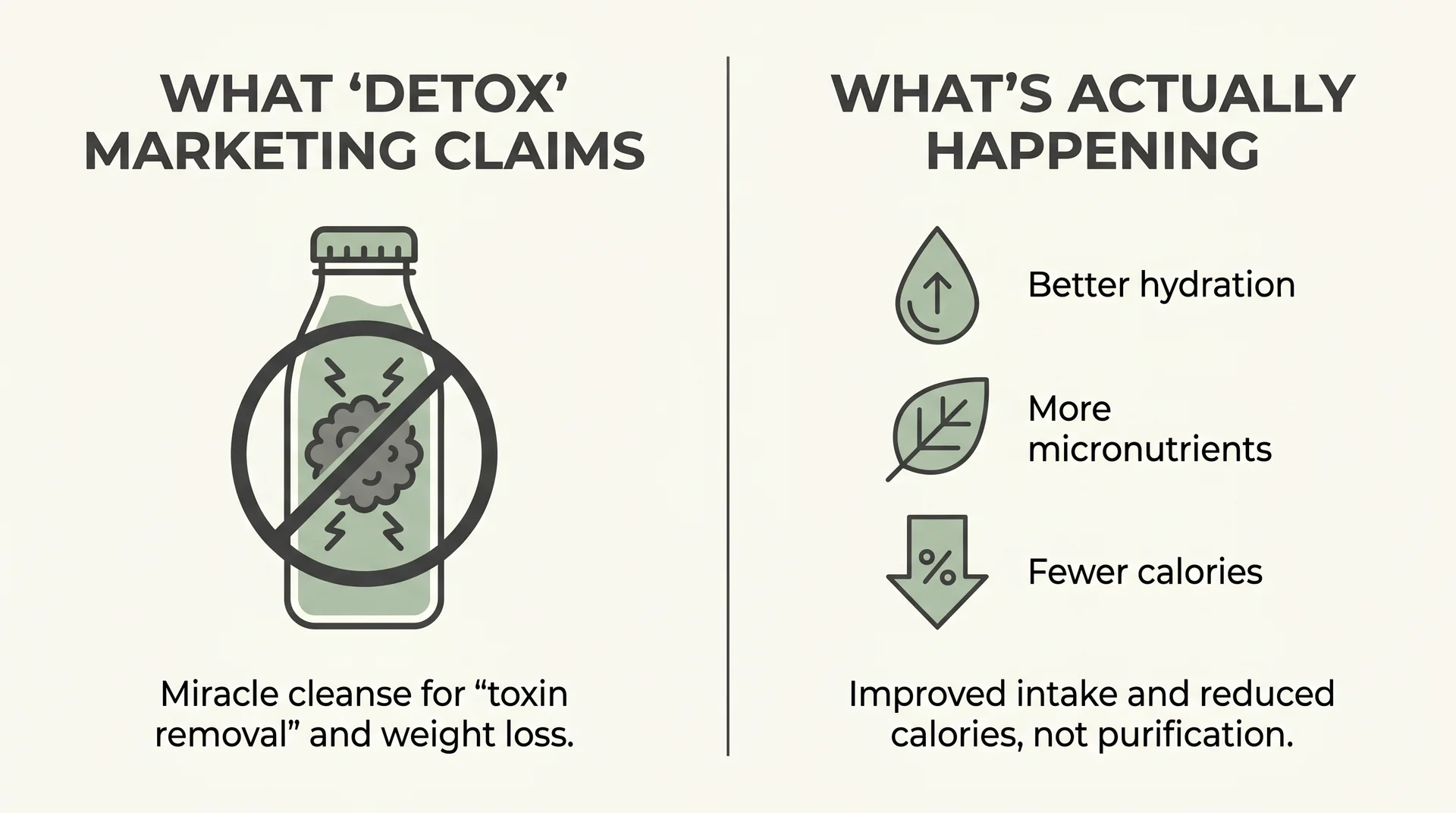 Diagram comparing detox juice marketing claims against what actually happens nutritionally when you drink a green juice