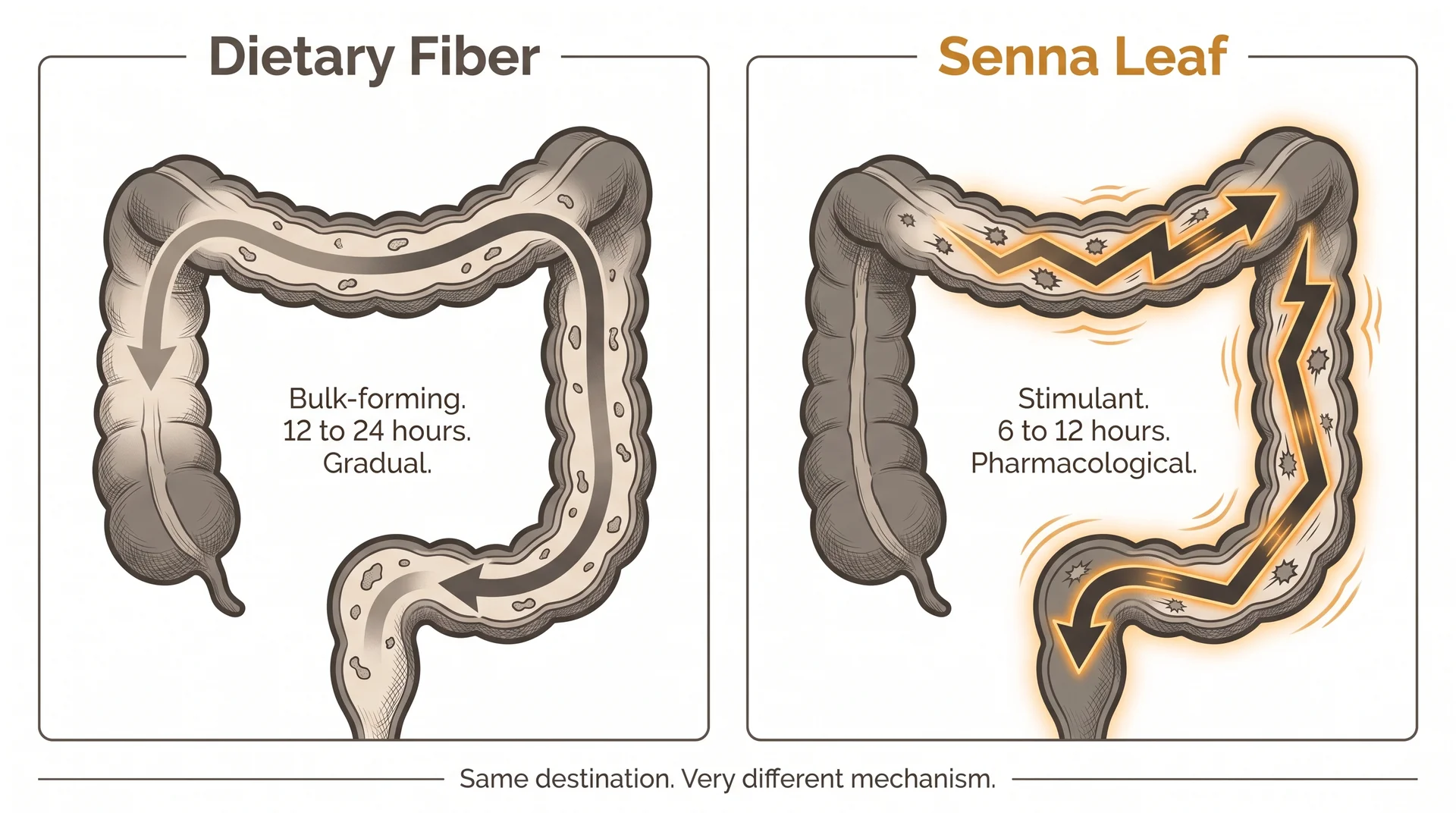 Diagram comparing dietary fiber's gradual bulk-forming effect with senna leaf's rapid stimulant laxative response in the colon.