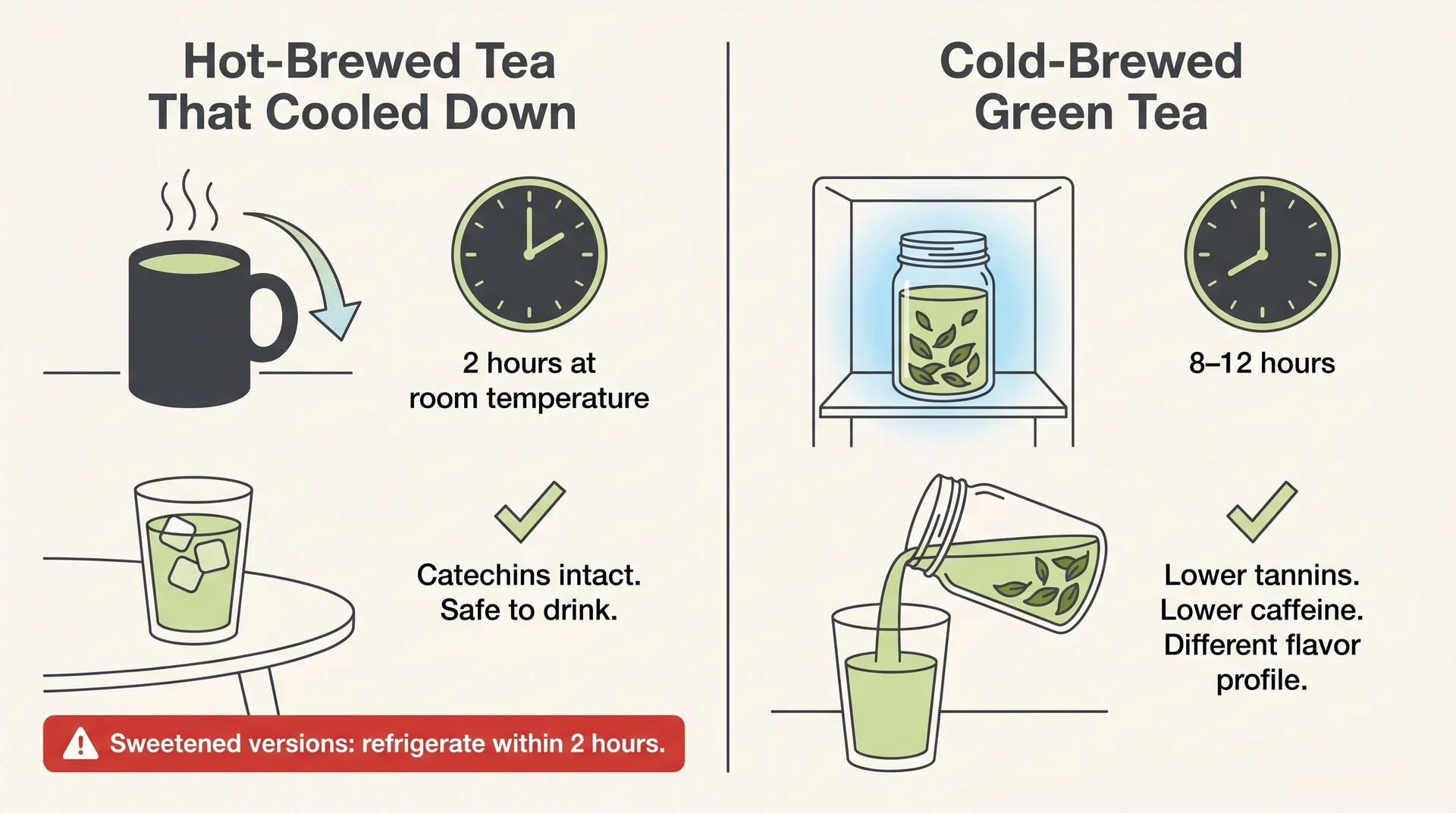 Diagram comparing hot-brewed cooled green tea versus properly cold-brewed green tea preparation and safety