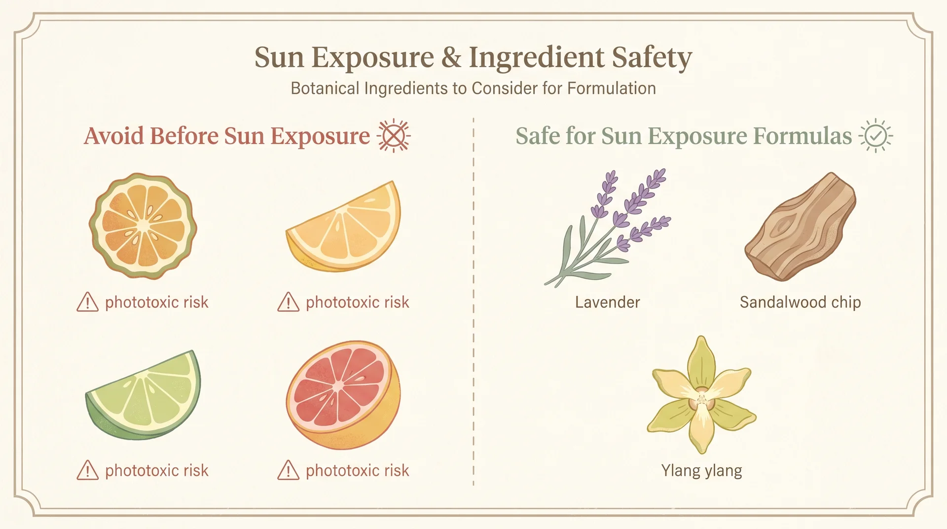 Diagram comparing photosensitizing essential oils to avoid before sun with safe alternatives like lavender and sandalwood
