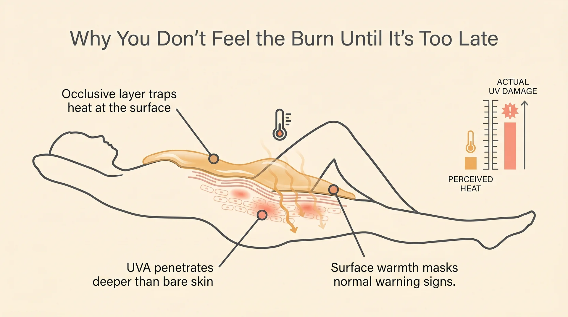 Diagram showing how baby oil traps heat and increases UV penetration while masking normal sun exposure warning signals