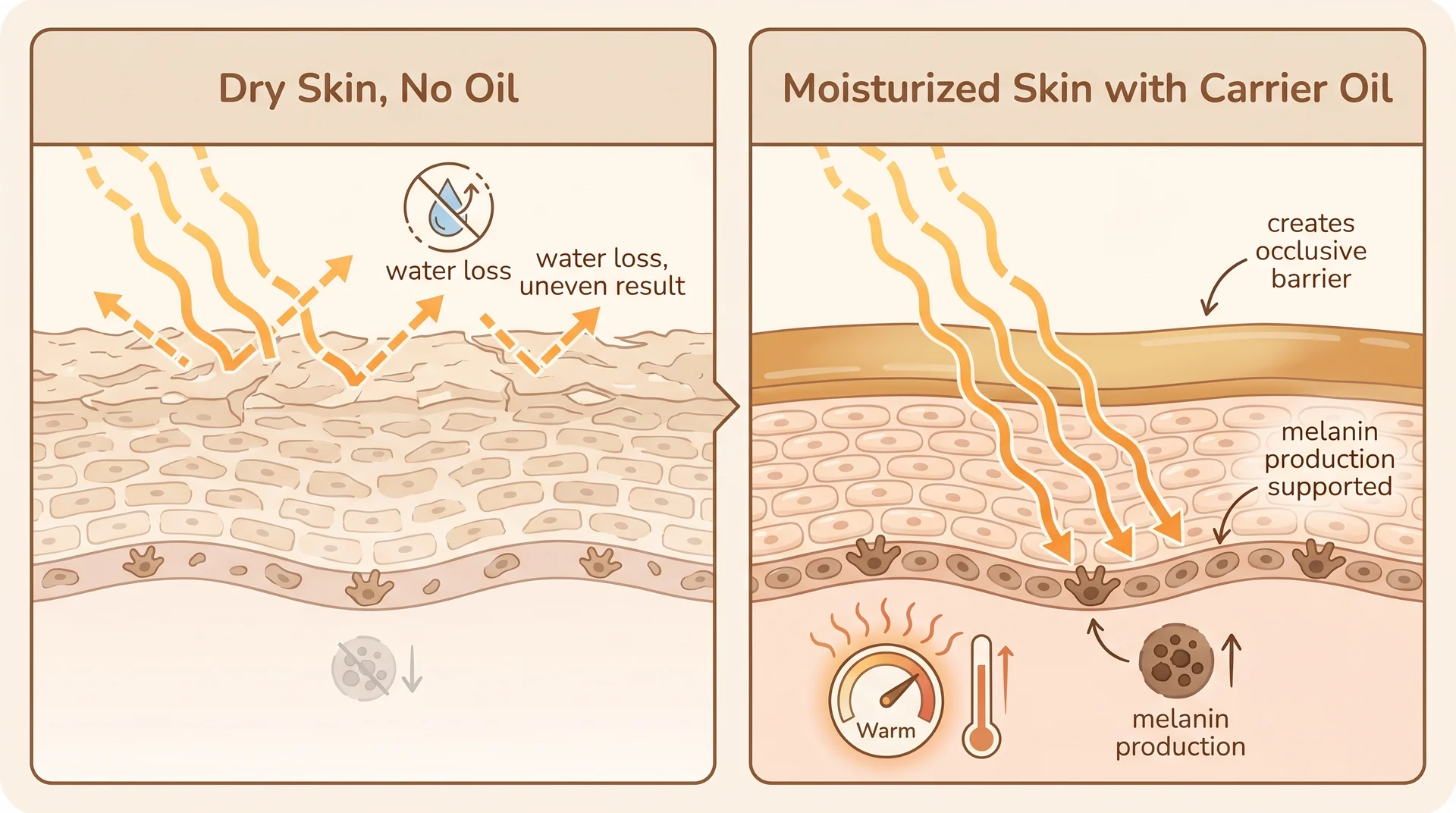 Diagram showing how carrier oil supports more even UV penetration and melanin production compared to dry skin
