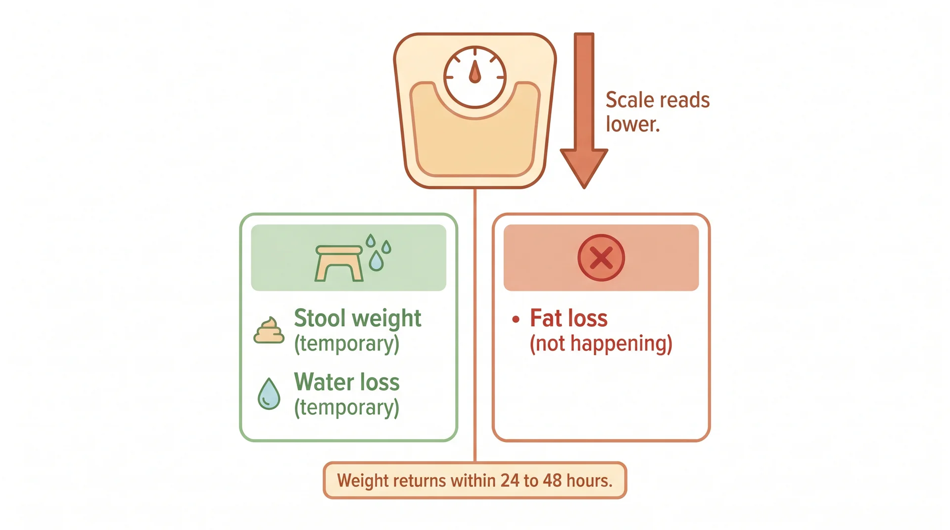 Diagram showing that post-detox tea weight loss comes from temporary stool and water loss, not fat loss.