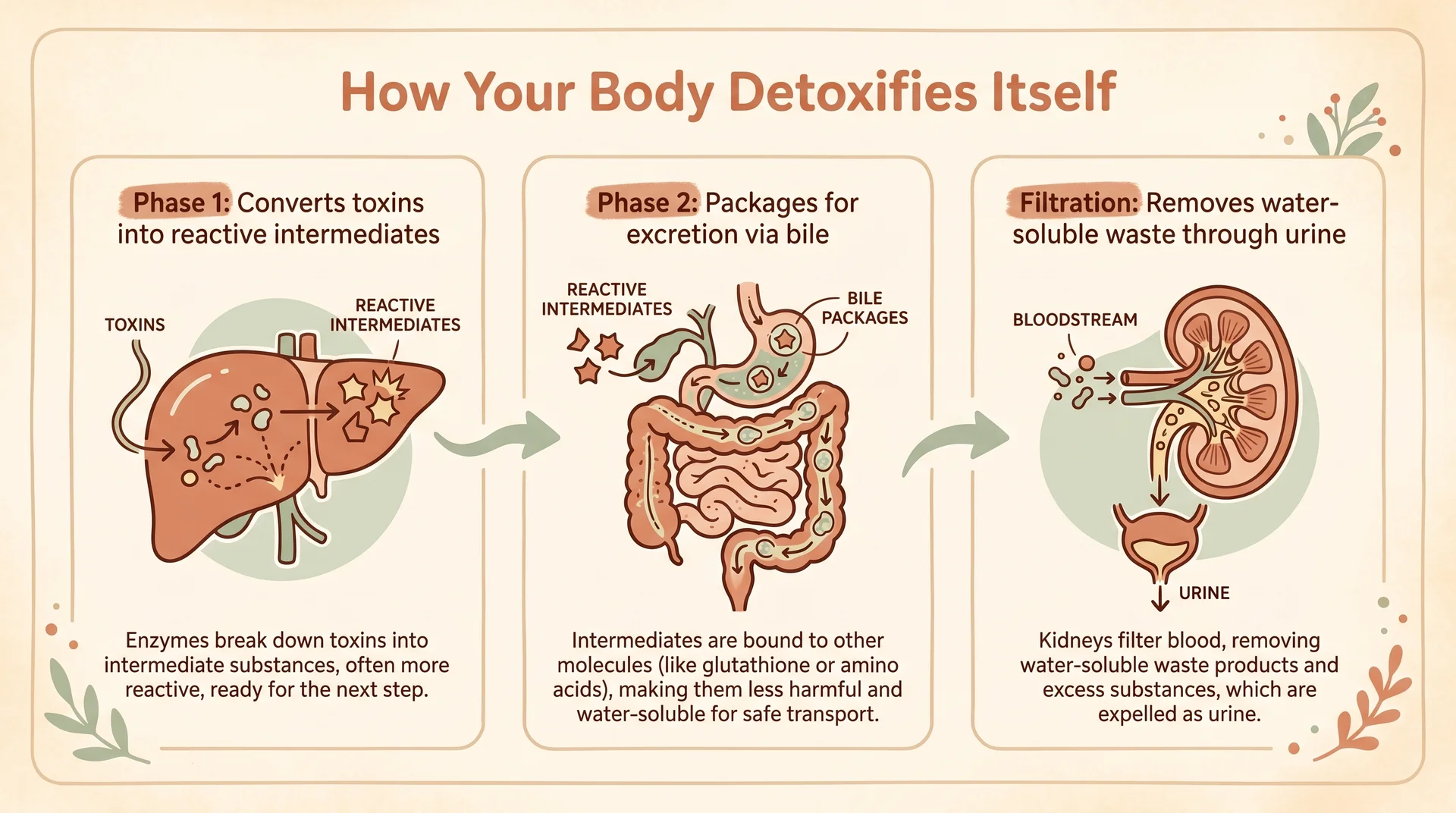 Diagram showing the liver's two-phase detoxification process and kidney filtration role in the body
