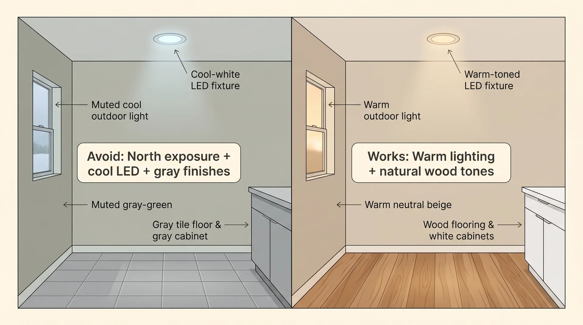 Diagram showing when not to use Accessible Beige — cool LED and gray finishes versus when it works with warm lighting and wood tones