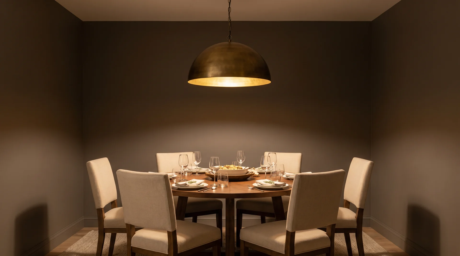 Dining room with Mink SW 6004 walls in warm evening light showing the color's depth and intimacy at LRV 20 