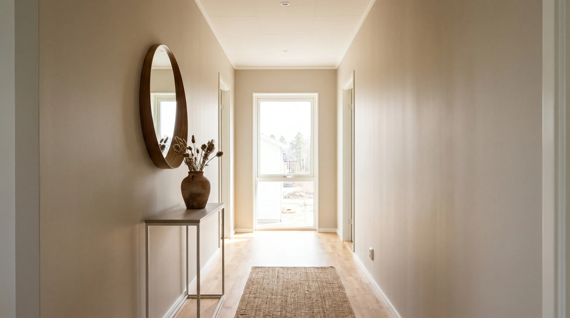 Entryway with Accessible Beige walls in natural daylight, light hardwood floors, and minimal warm decor styling
