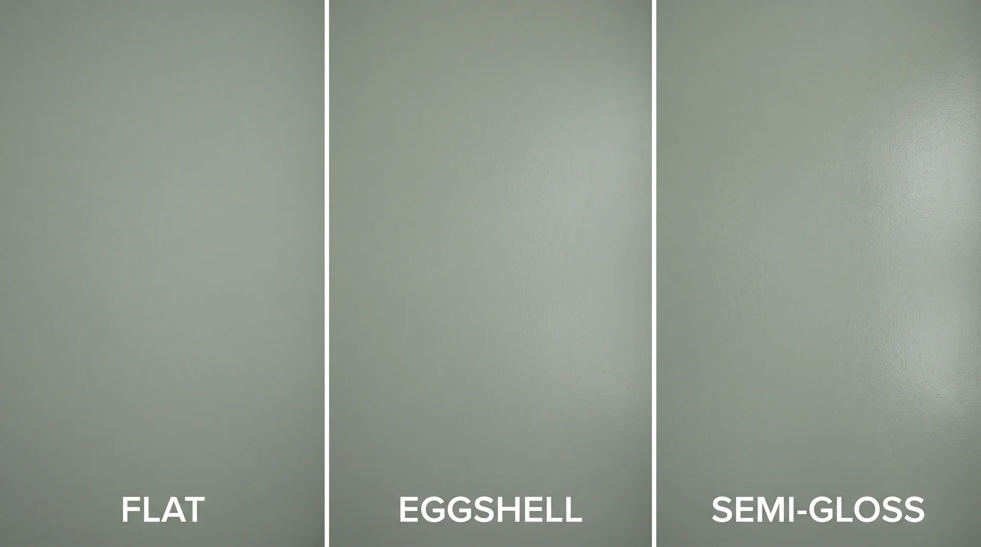 Evergreen Fog SW 9130 in flat, eggshell, and semi-gloss finishes side by side showing sheen difference
