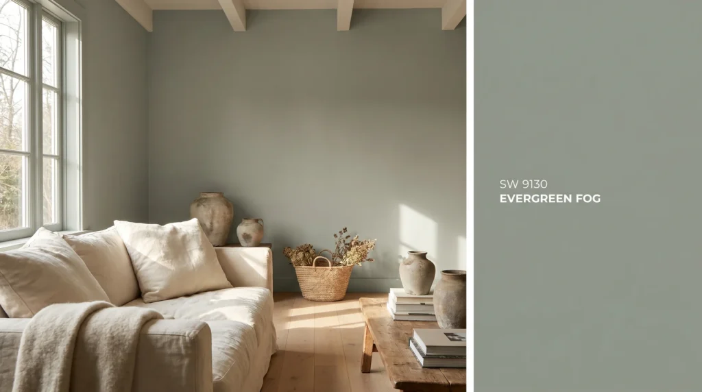 Evergreen Fog SW 9130 paint color on living room walls with warm oak floors and linen sofa