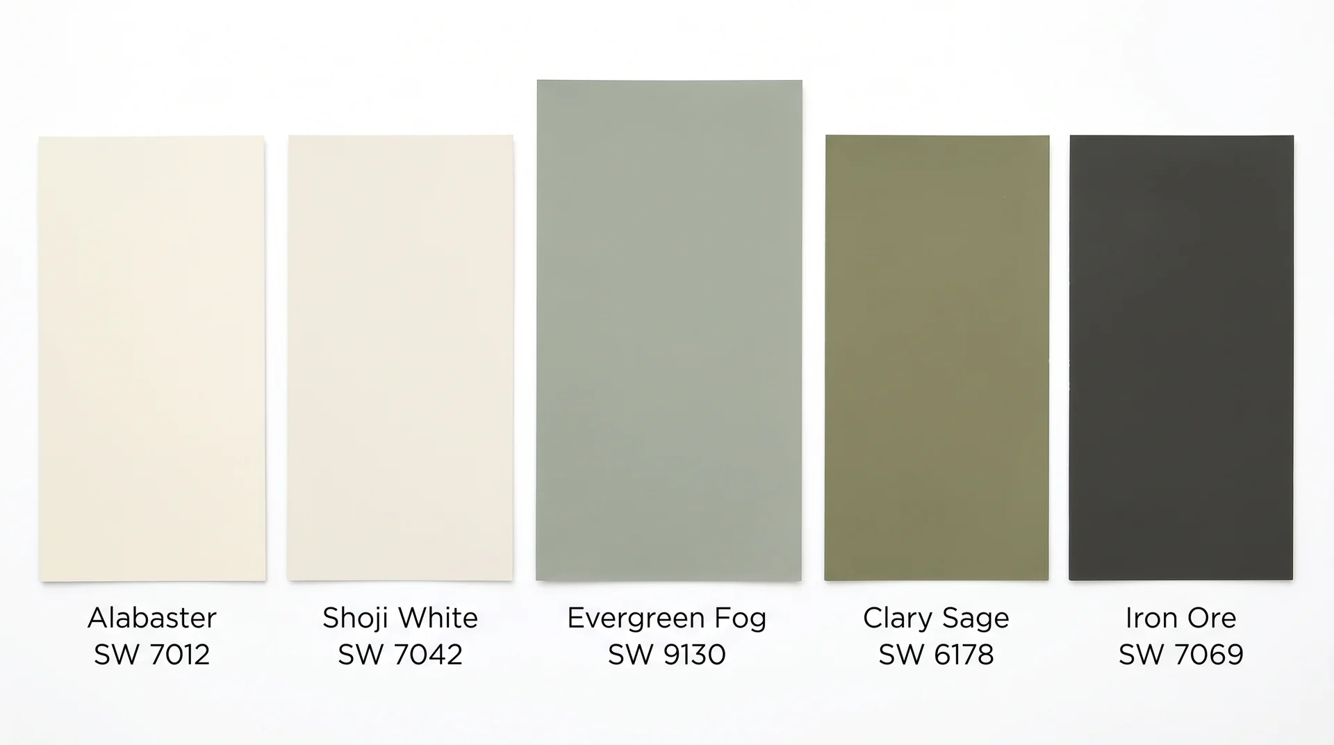 Evergreen Fog SW 9130 paint swatch compared to Alabaster, Shoji White, Clary Sage, and Iron Ore
