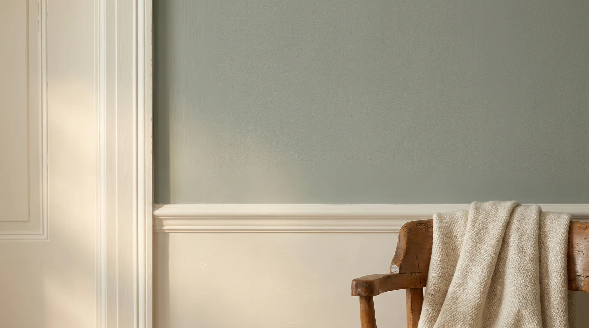 Evergreen Fog SW 9130 walls with Alabaster SW 7012 trim showing the contrast between the two paint colors
