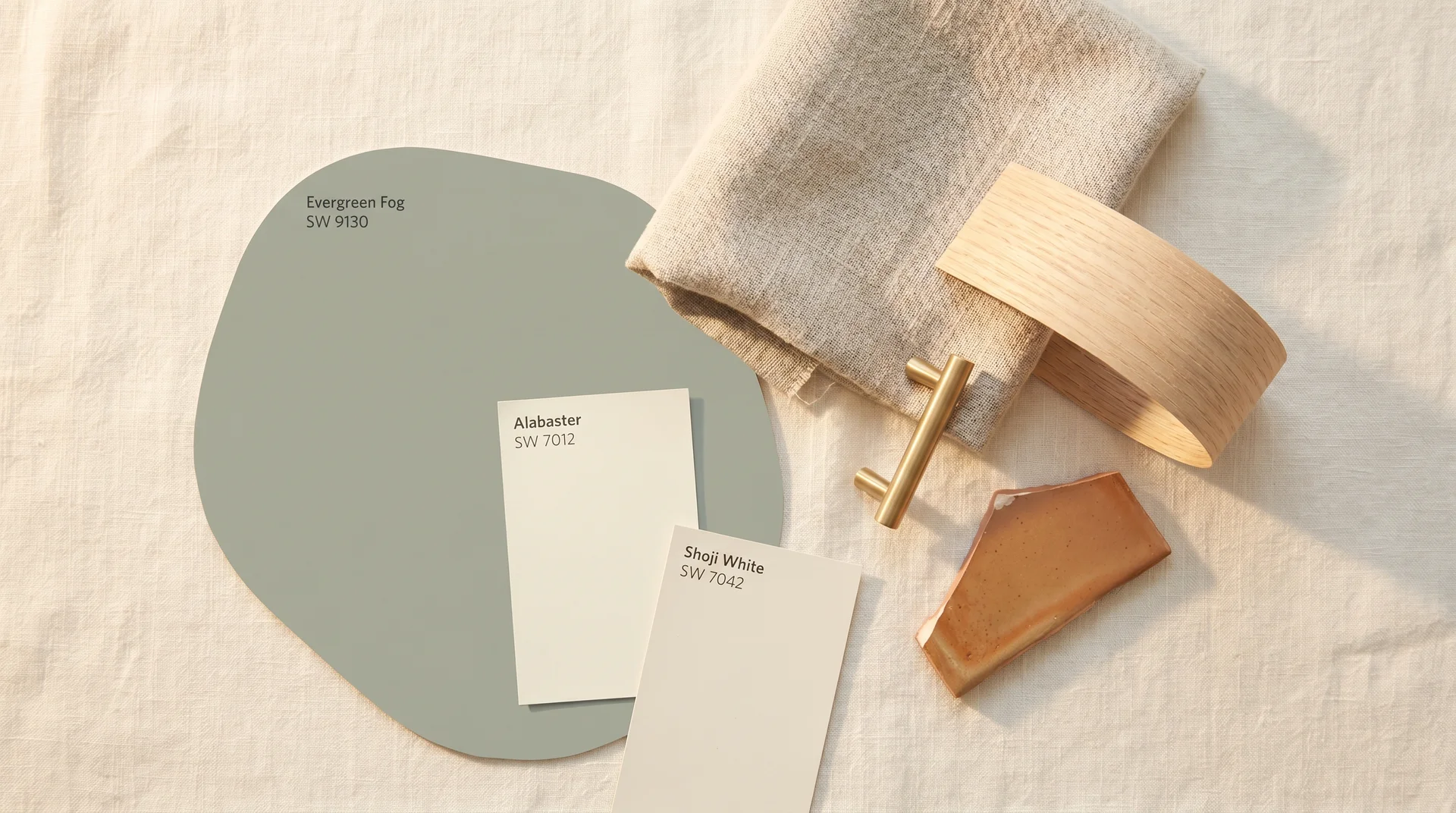 Evergreen Fog coordinating color palette with Alabaster, Shoji White, linen, oak, and brass