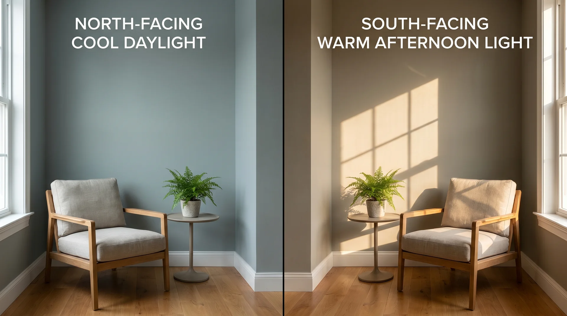 Evergreen Fog paint color in cool north-facing light versus warm south-facing afternoon light, showing color shift
