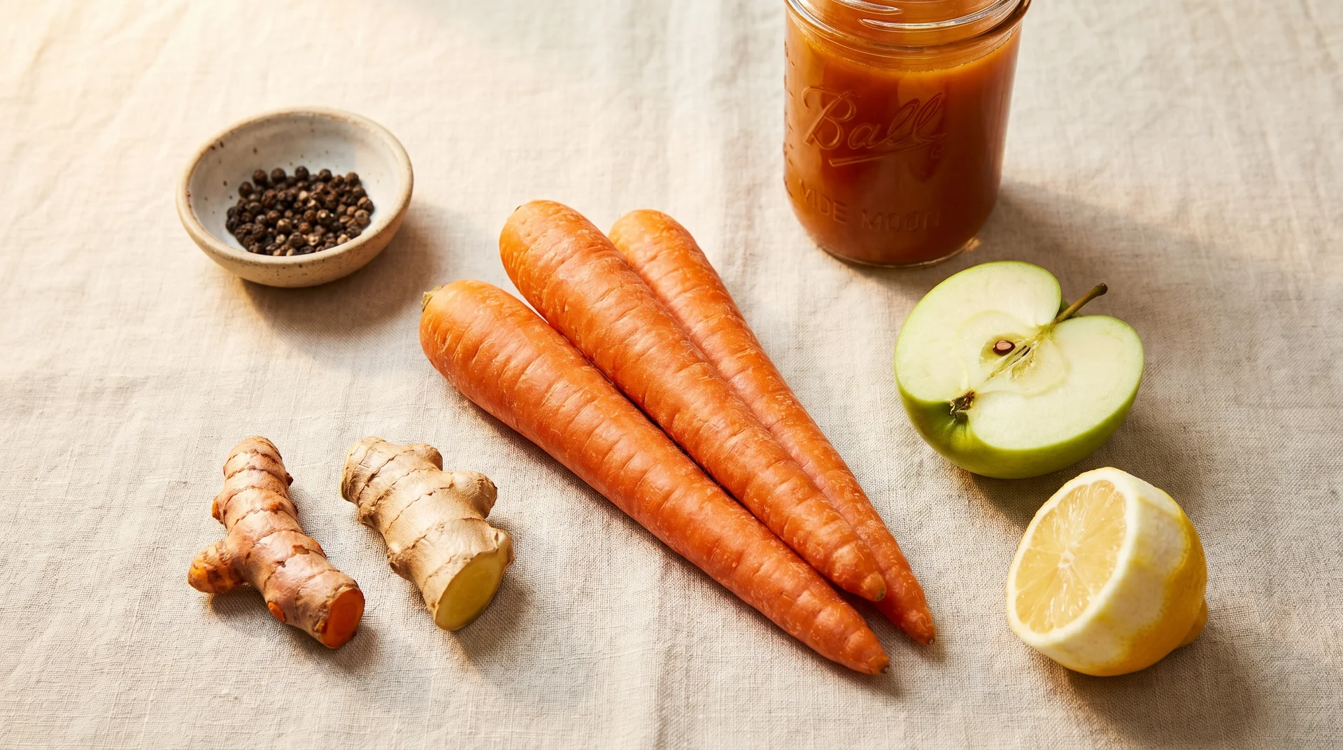 Everyday anti-inflammatory juice ingredients including turmeric root, ginger, carrots, green apple, lemon and black pepper on linen
